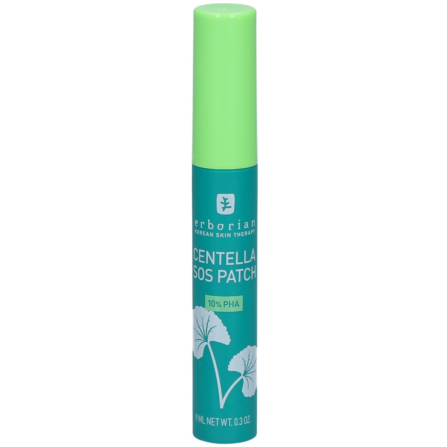 Grüne Tube mit grünem Deckel. Aufschrift: Centella SOS Patch, 10% PHA. Marke: Erborian.