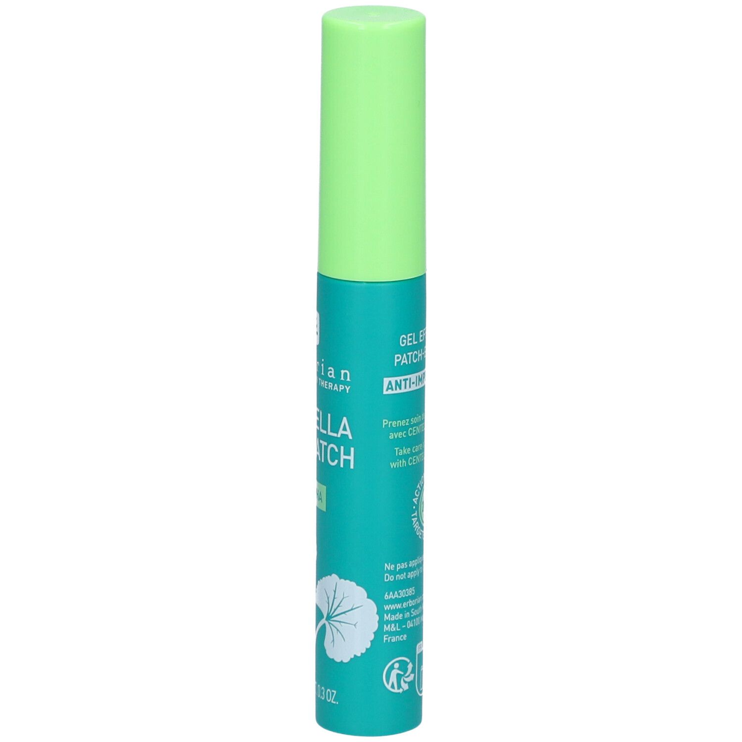 Grüne Tube mit grünem Deckel. Aufschrift: Gel effet patch, Anti-Imperfektionen. Marke: Erborian. 9 ml.