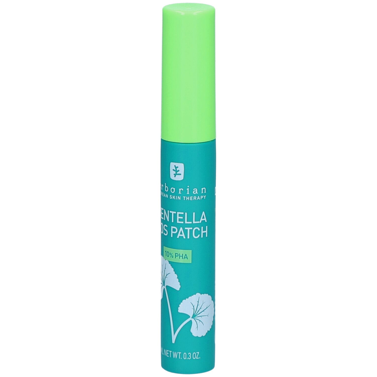 Grüne Tube mit grünem Deckel. Aufschrift: Centella SOS Patch, 10% PHA. Marke: Erborian. 9 ml.