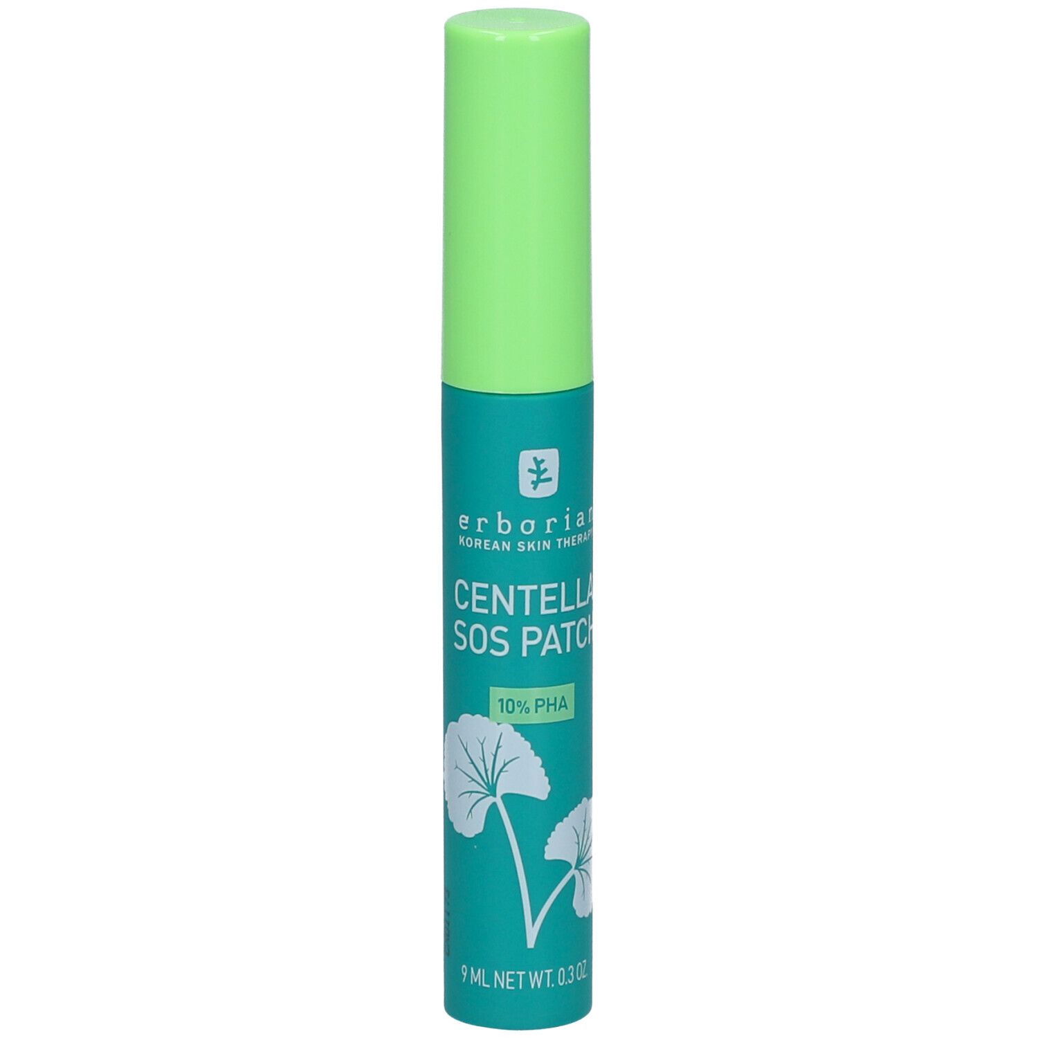 Grüne Tube mit grünem Deckel. Aufschrift: Centella SOS Patch, 10% PHA. Marke: Erborian. 9 ml.