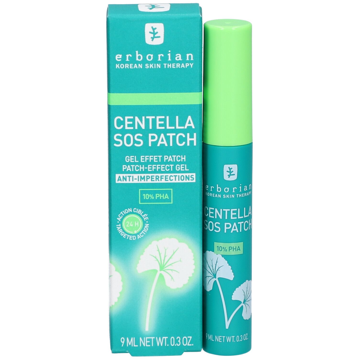 Produktverpackung und Tube. Aufschrift: Centella SOS Patch, 10% PHA. Marke: Erborian. 9 ml.