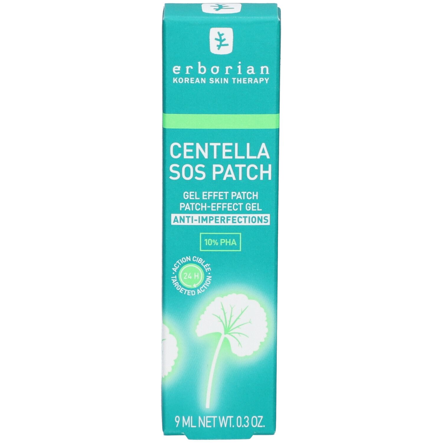 Produktverpackung. Aufschrift: Centella SOS Patch, Gel effet patch, Anti-Imperfektionen. Marke: Erborian. 9 ml.