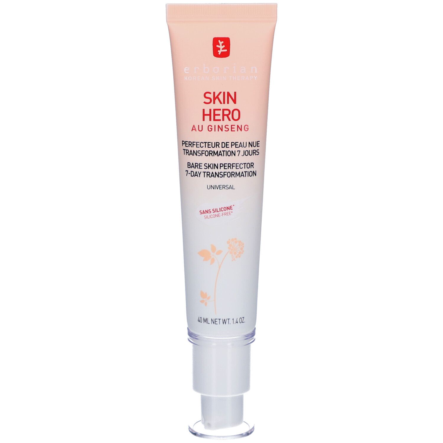 Creme-Tube mit Aufschrift Skin Hero Au Ginseng. Farbverlauf von Pfirsich zu Weiß. Mit Dosierpumpe.