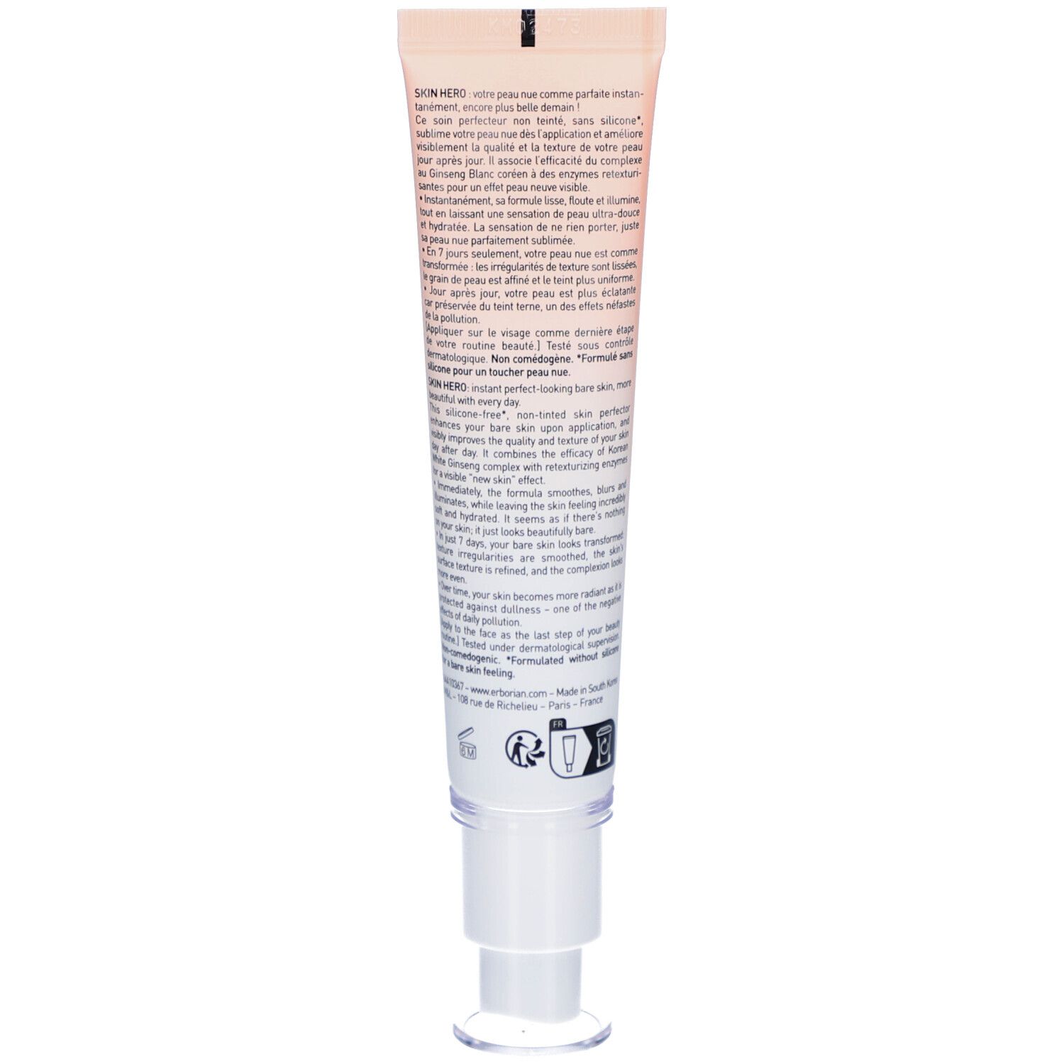 Rückseite der Skin Hero Creme-Tube. Text in mehreren Sprachen. Mit Dosierpumpe.