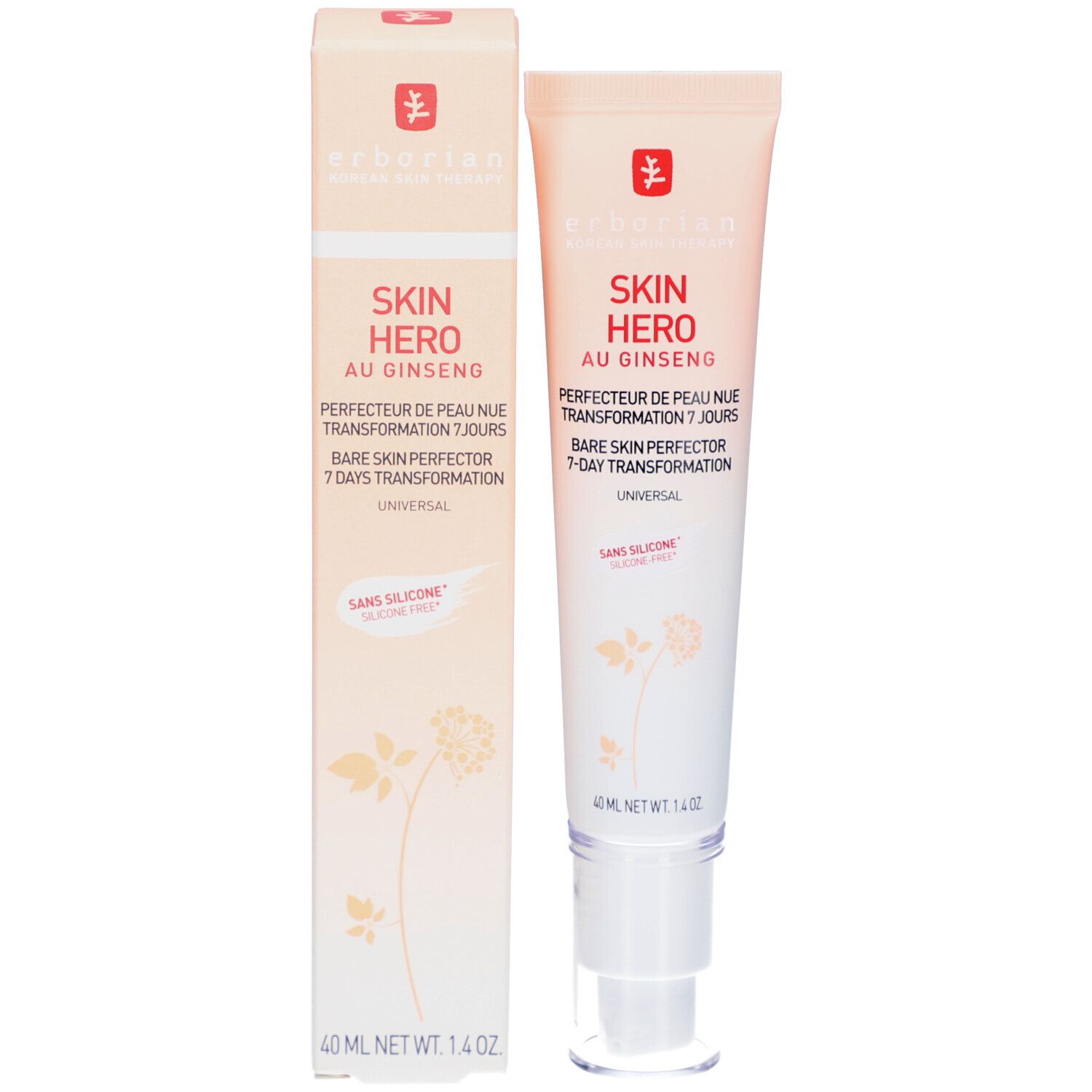 Skin Hero Creme-Tube und Verpackung. Aufschrift Skin Hero Au Ginseng. Farbverlauf von Pfirsich zu Weiß.
