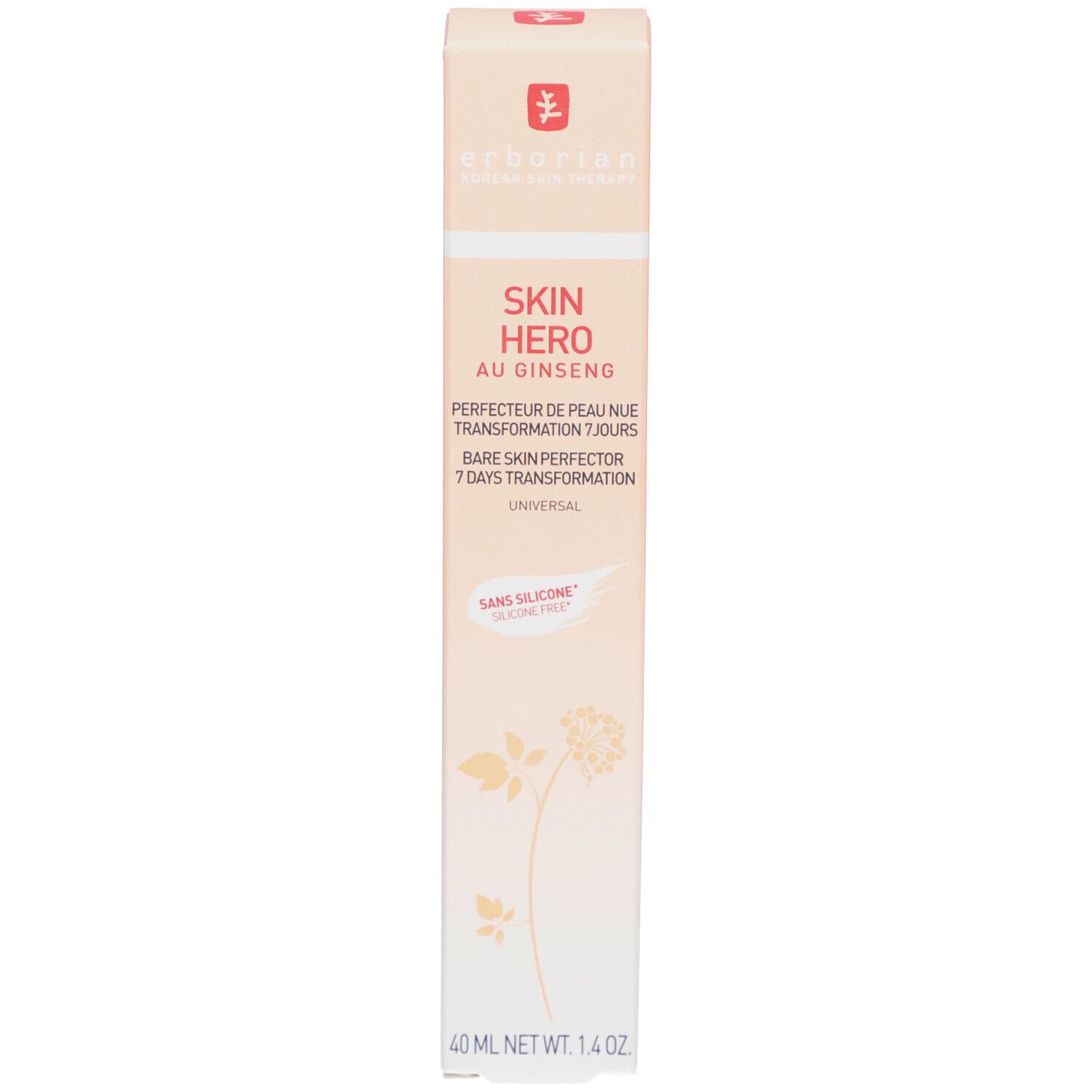 Verpackung der Skin Hero Creme. Aufschrift Skin Hero Au Ginseng. Farbverlauf von Pfirsich zu Weiß.
