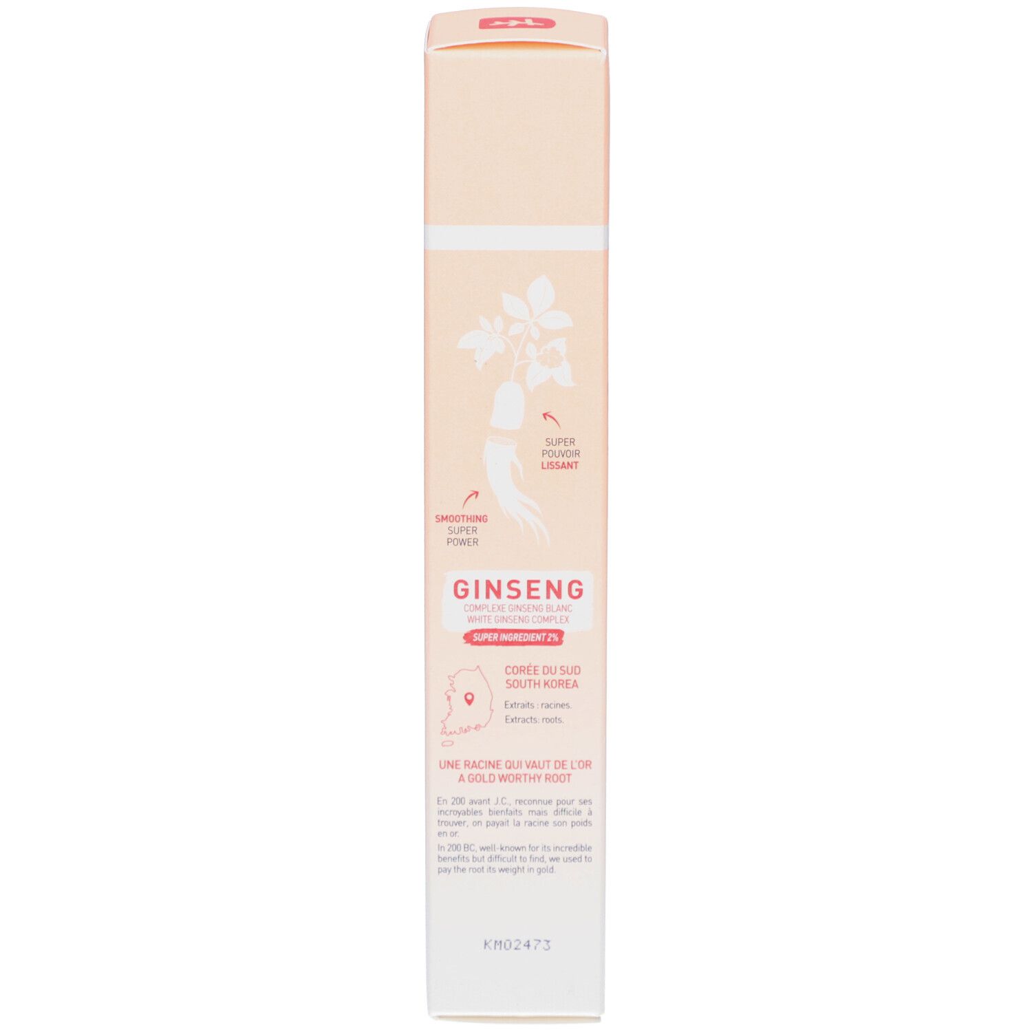 Verpackung der Skin Hero Creme. Ginseng-Illustration. Text über Ginseng-Wirkung.
