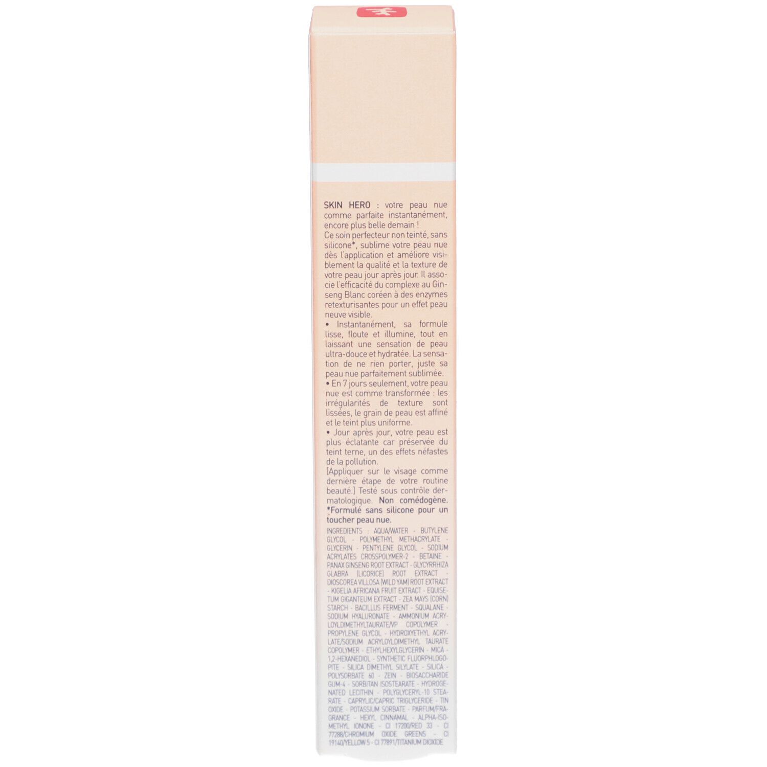Verpackung der Skin Hero Creme. Text über die Inhaltsstoffe und Wirkung. Rückseite.