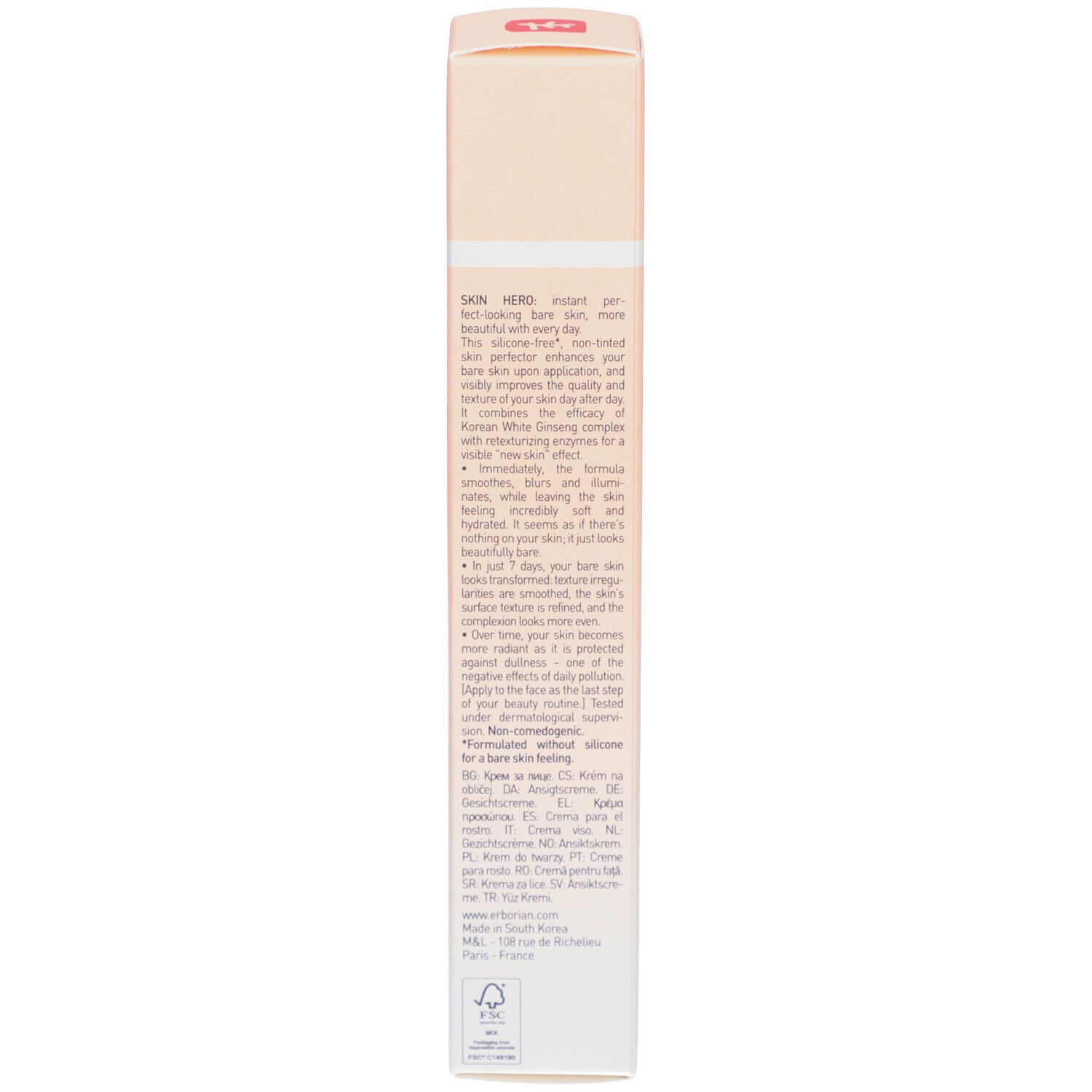 Verpackung der Skin Hero Creme. Text über die Anwendung und Inhaltsstoffe. Rückseite.