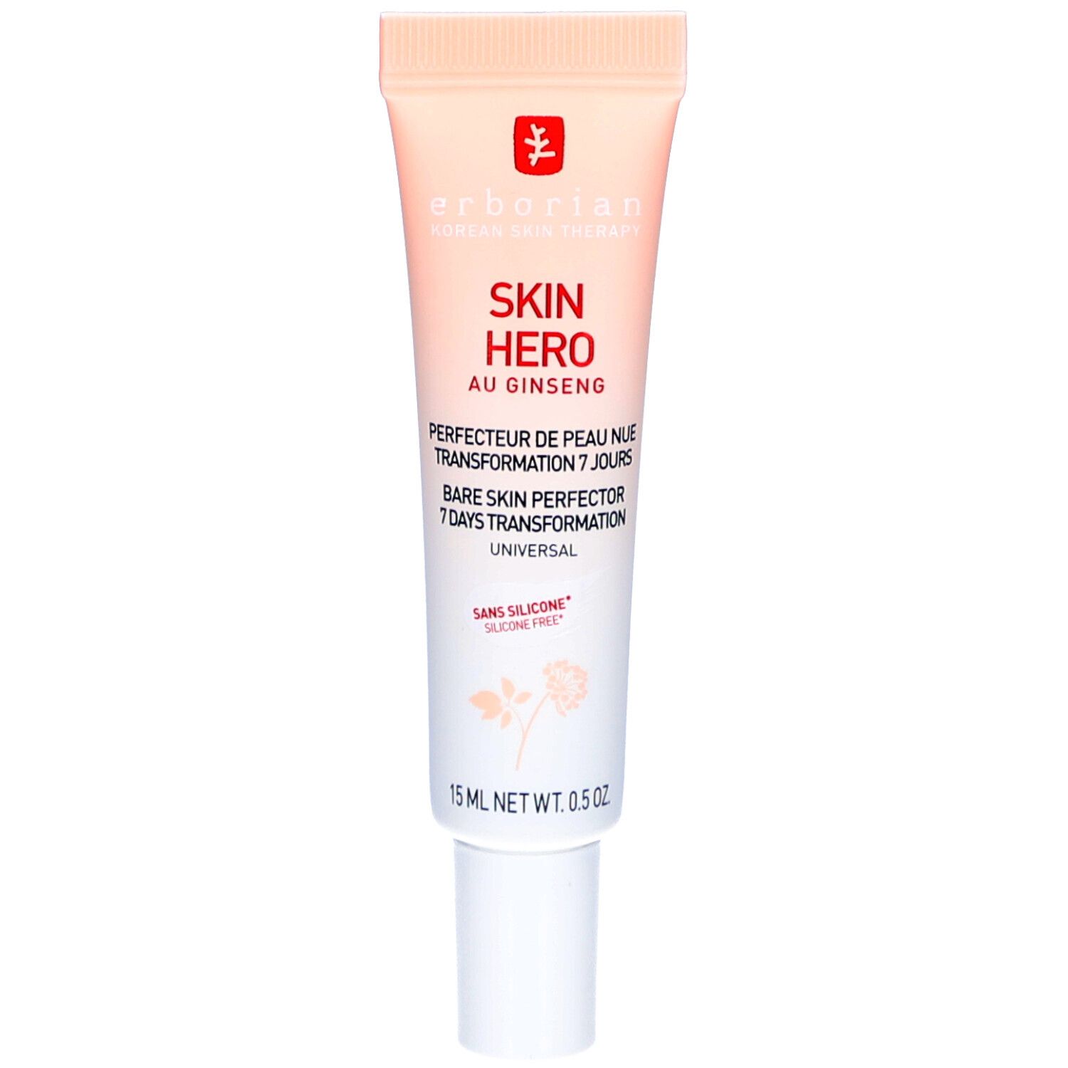 Creme-Tube mit Aufschrift SKIN HERO. Enthält Ginseng. 15 ml. Farbverlauf von Pfirsich zu Weiß. Mit weißem Schraubverschluss.