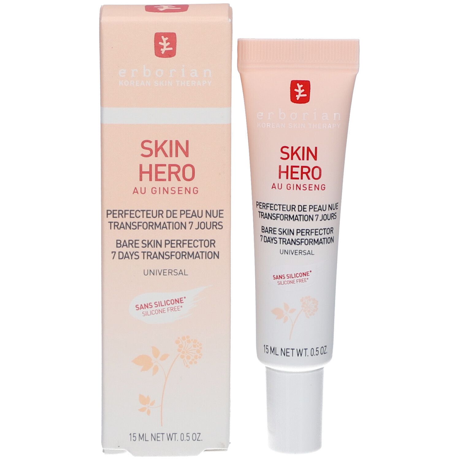 Produkt SKIN HERO und Verpackung. Tube und Schachtel. Aufschrift SKIN HERO, Ginseng. 15 ml. Farbverlauf von Pfirsich zu Weiß.