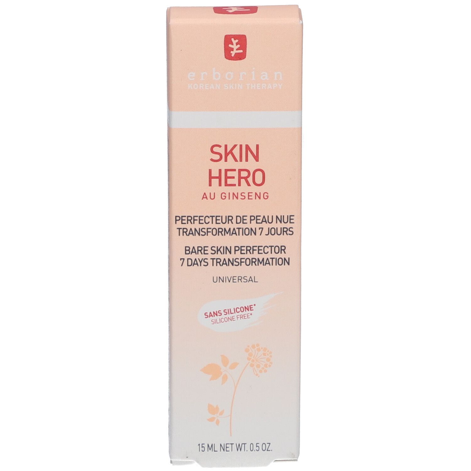 Schachtel mit SKIN HERO. Aufschrift SKIN HERO, Ginseng. 15 ml. Farbverlauf von Pfirsich zu Weiß. Ohne Silikon.