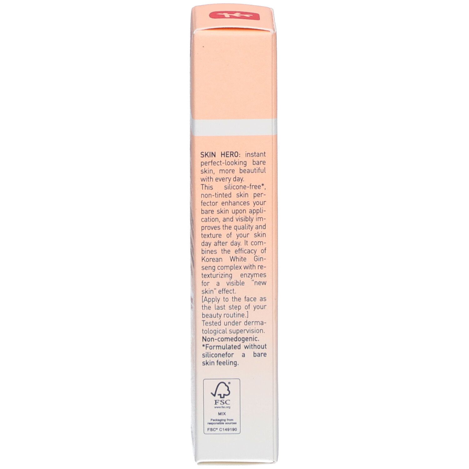 Seite der Schachtel. Text in Englisch. Informationen zum Produkt. FSC-Logo. Farbverlauf von Pfirsich zu Weiß.