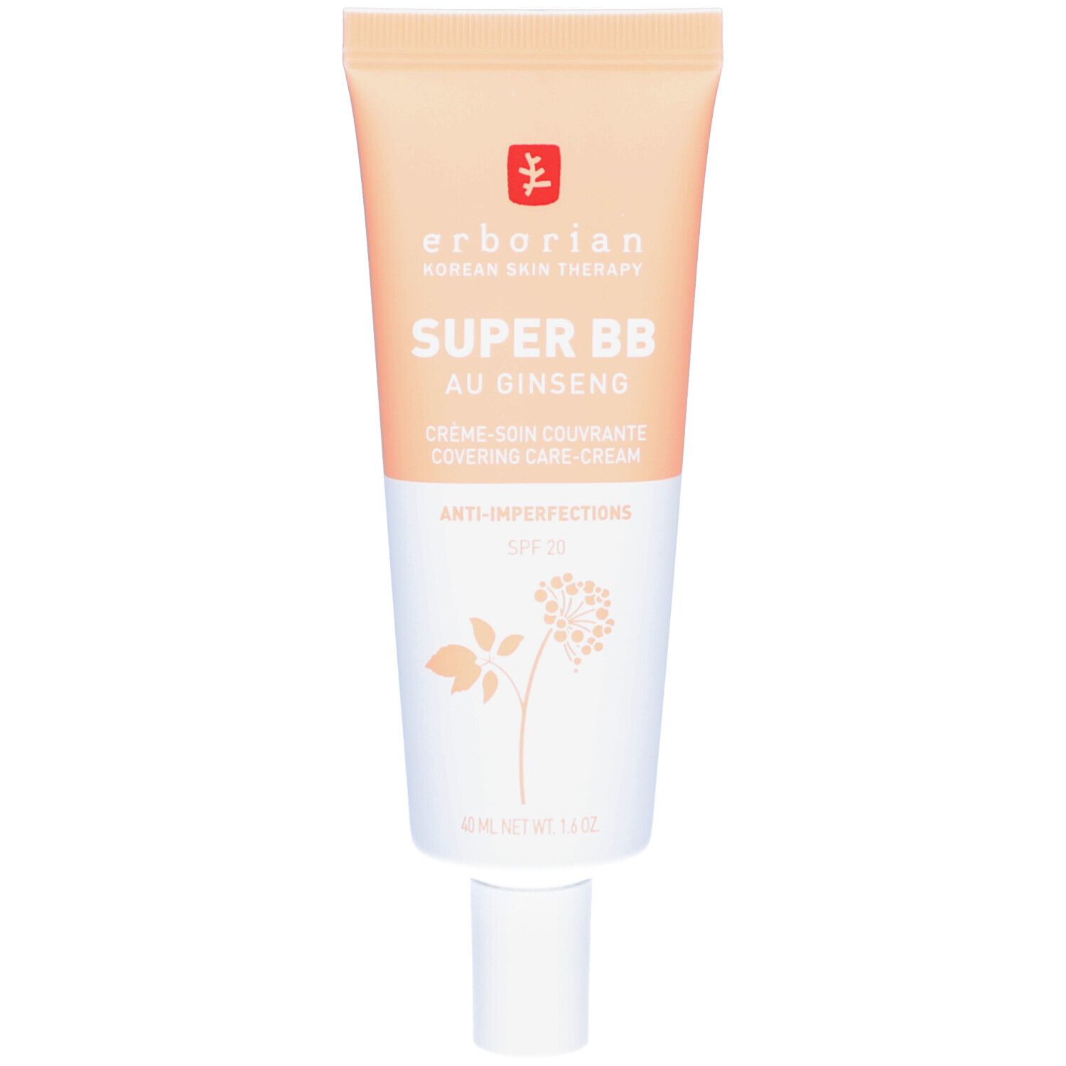 Creme-Tube mit Aufschrift SUPER BB AU GINSENG, SPF 20. Farbton: Clair. Marke: Erborian. Beige-weiße Tube mit weißem Deckel.