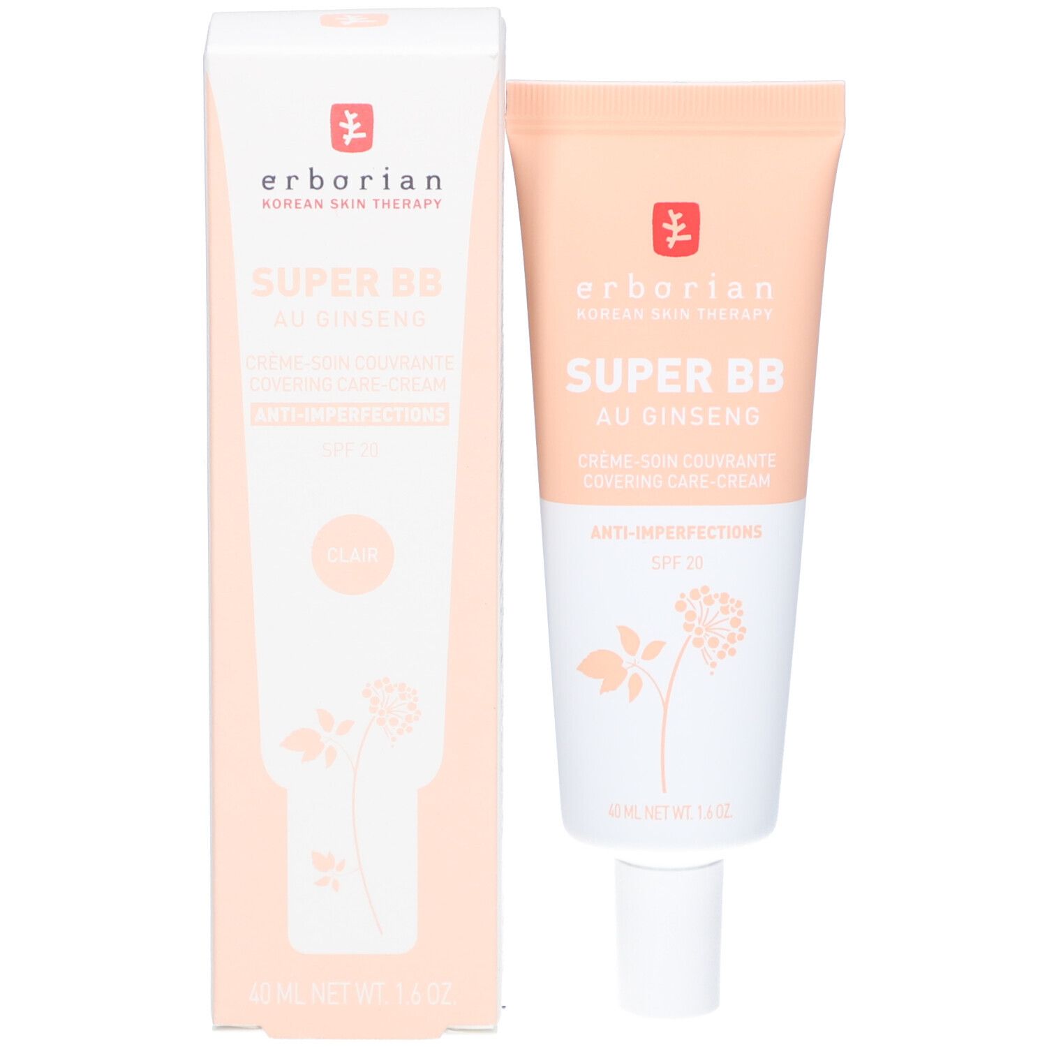 Produktverpackung mit Creme-Tube SUPER BB AU GINSENG und Karton. Aufschrift: Clair. Marke: Erborian. SPF 20.