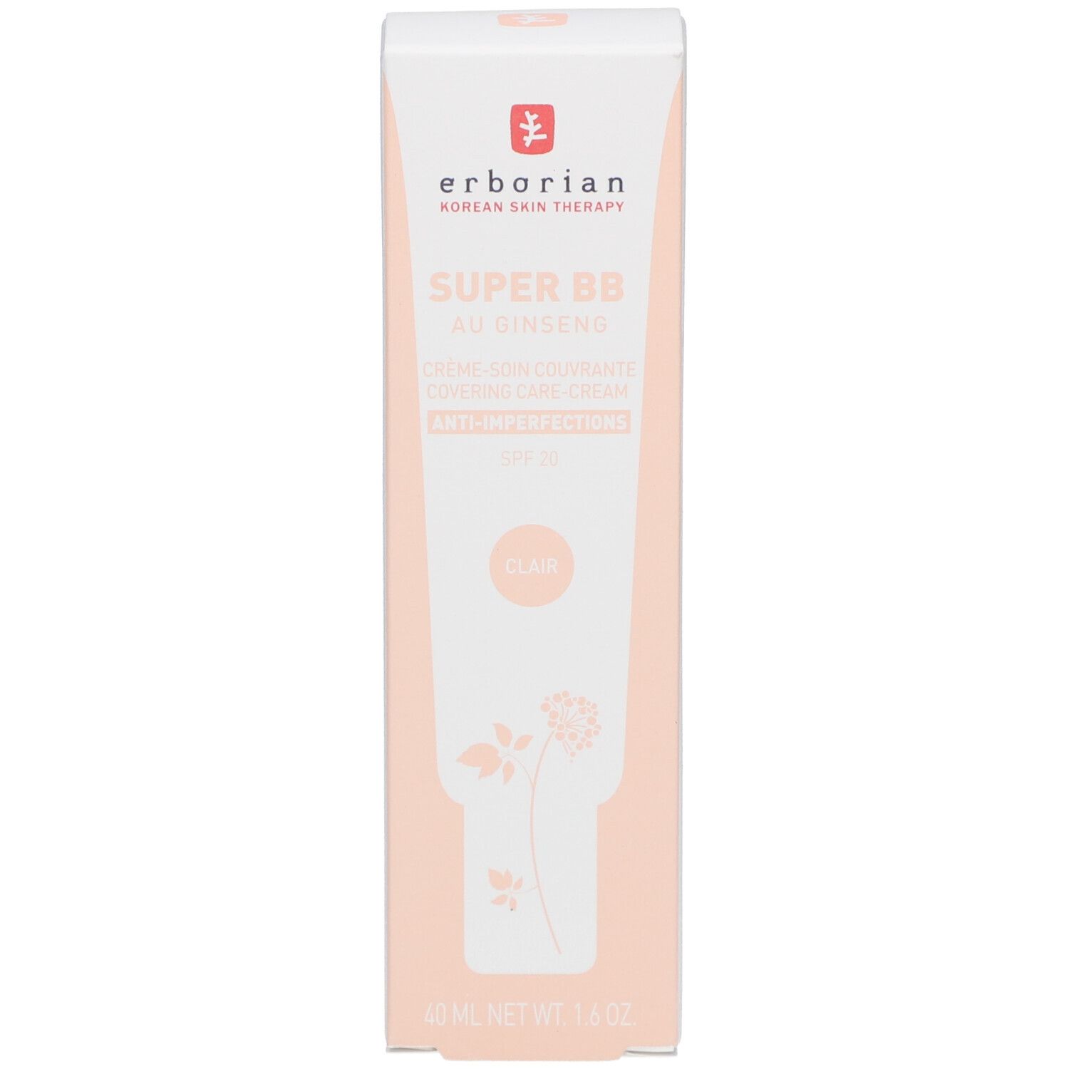 Kartonverpackung für SUPER BB AU GINSENG. Aufschrift: Clair. Marke: Erborian. SPF 20. Beige und weiß.