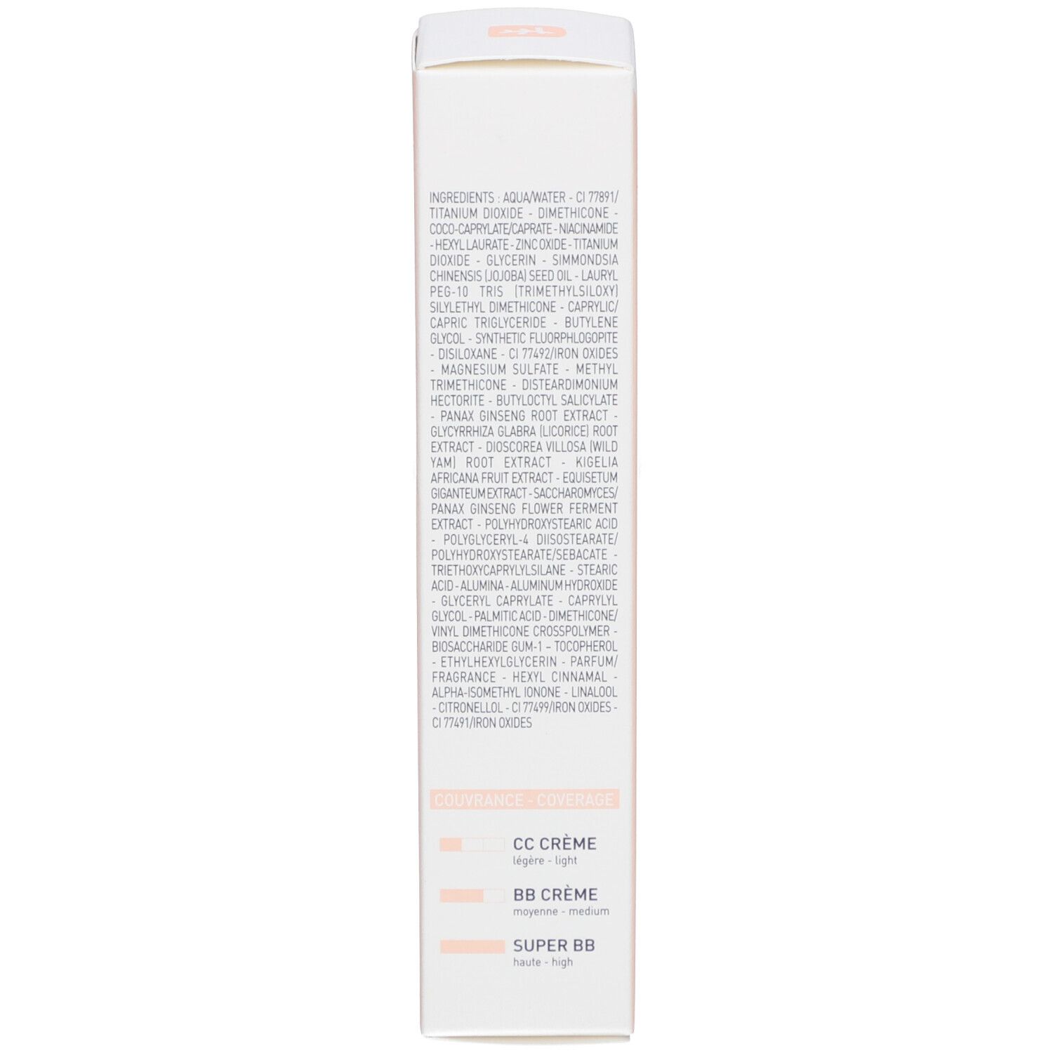 Rückseite der Kartonverpackung. Auflistung der Inhaltsstoffe. Farbvergleich für CC Crème, BB Crème und SUPER BB.