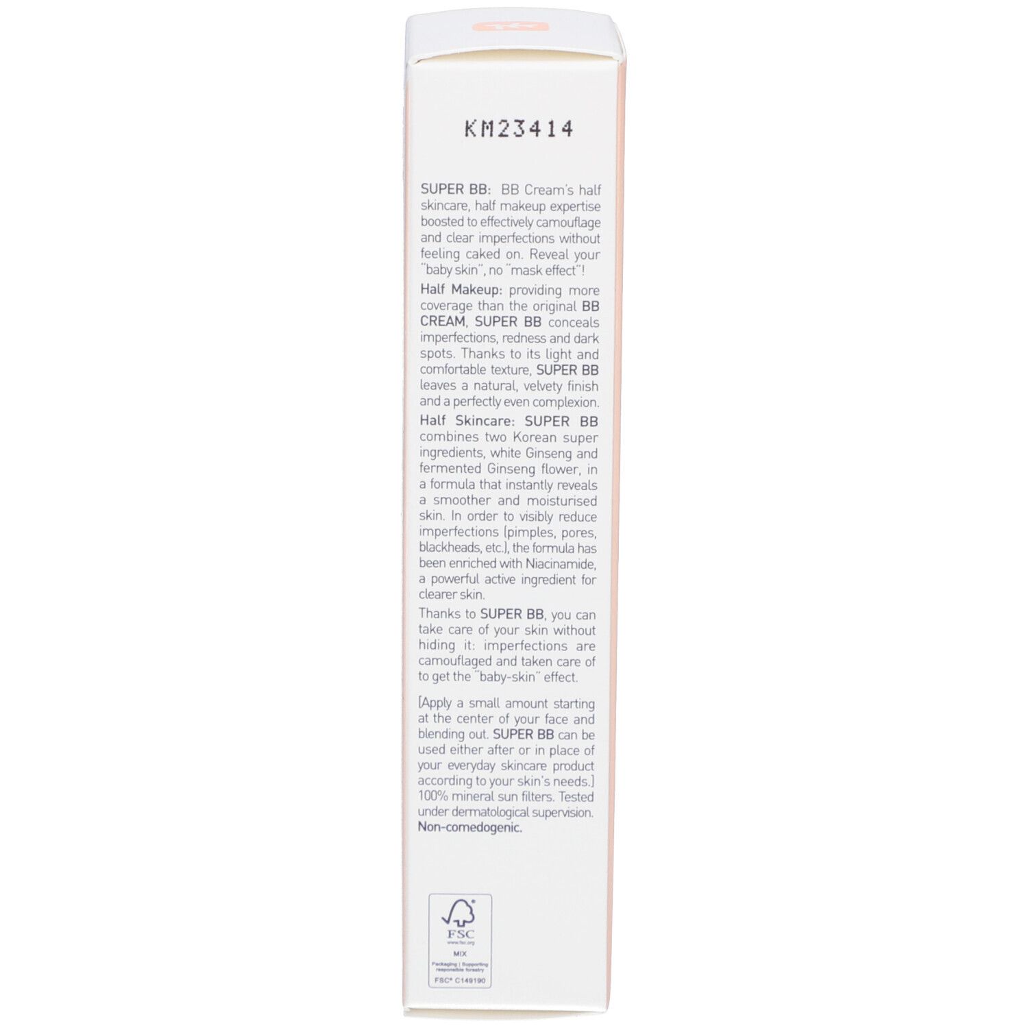 Seite der Kartonverpackung. Text in Englisch. Informationen zur Anwendung und Inhaltsstoffen. Marke: Erborian.
