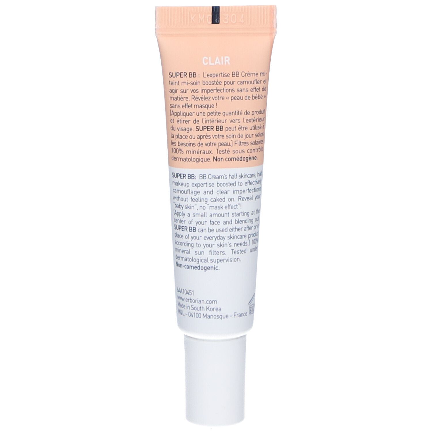 Rückseite der Creme-Tube. Text in mehreren Sprachen. Weiße Kappe.
