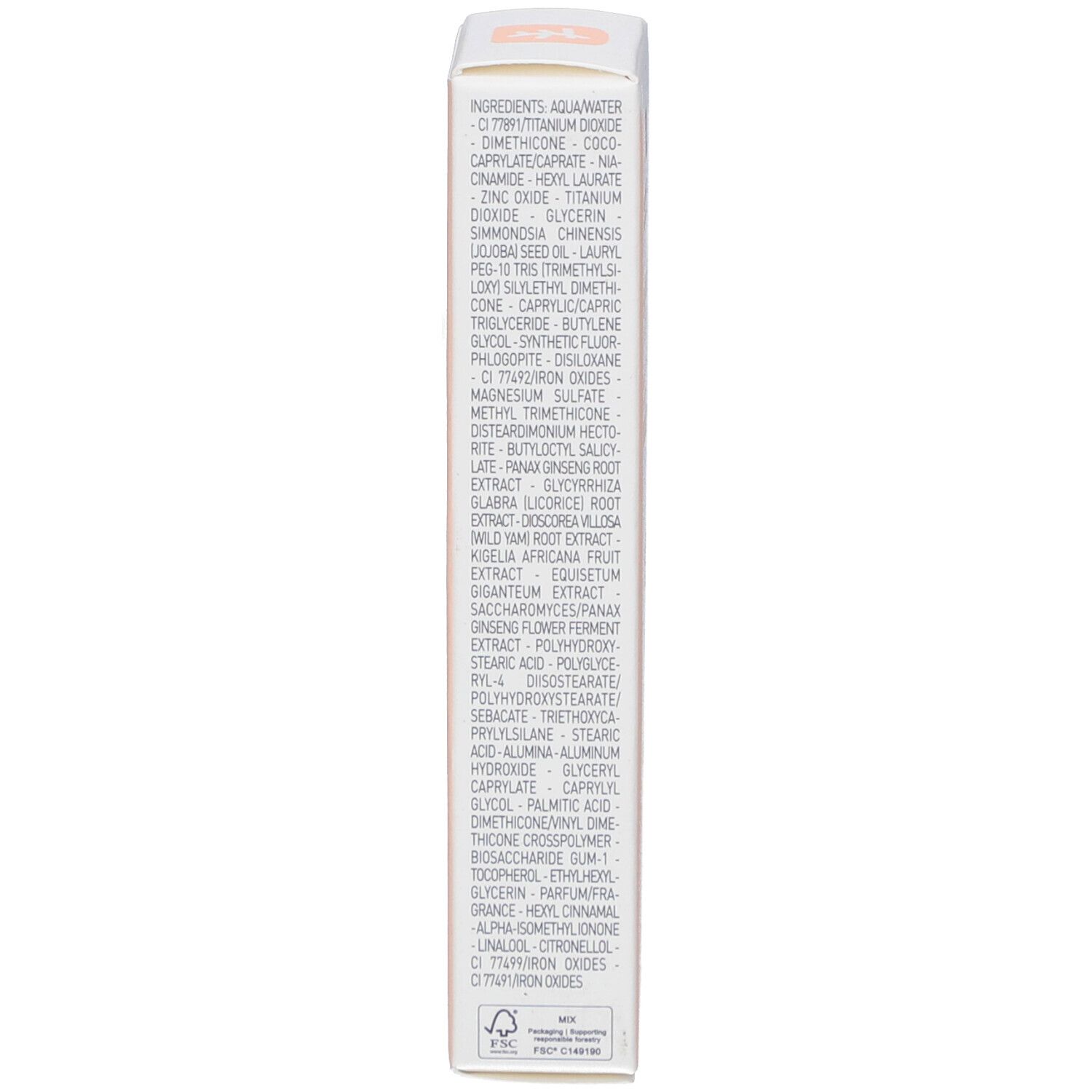 Produktverpackung, Seite mit Inhaltsstoffen. Text in mehreren Sprachen. Rosa und weiß.