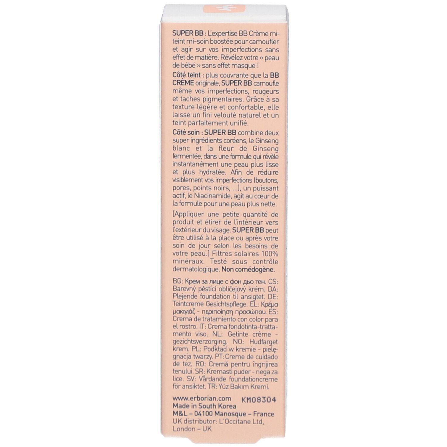 Produktverpackung, Seite mit Produktbeschreibung. Text in mehreren Sprachen. Rosa und weiß.