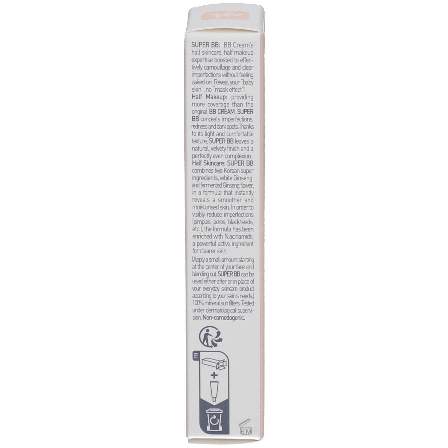 Produktverpackung, Seite mit Produktbeschreibung. Text in mehreren Sprachen. Rosa und weiß.