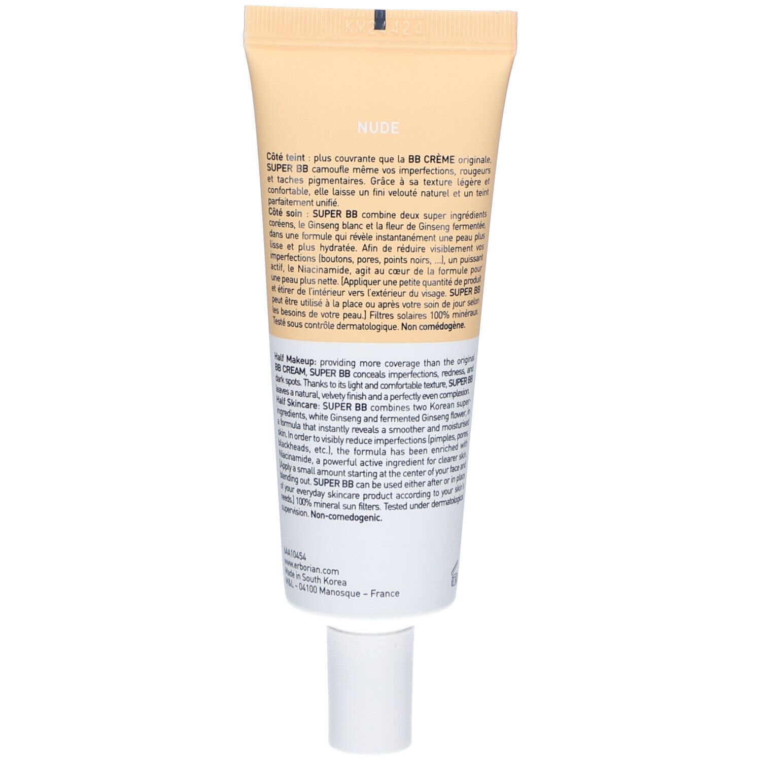 Rückseite der Creme-Tube. Text in Französisch und Englisch. Enthält Informationen zum Produkt.