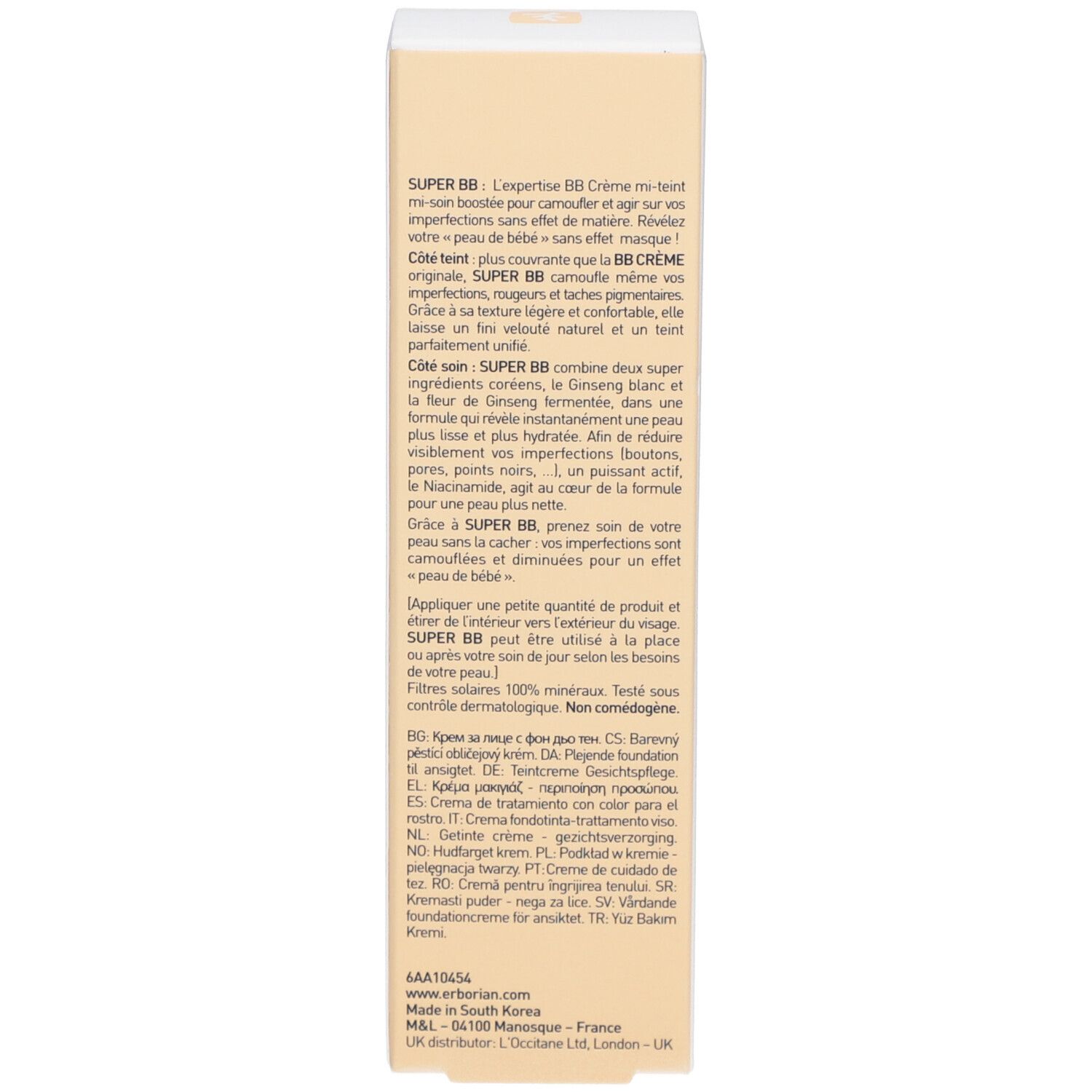 Seite der Kartonverpackung. Text in mehreren Sprachen. Informationen zum Produkt.