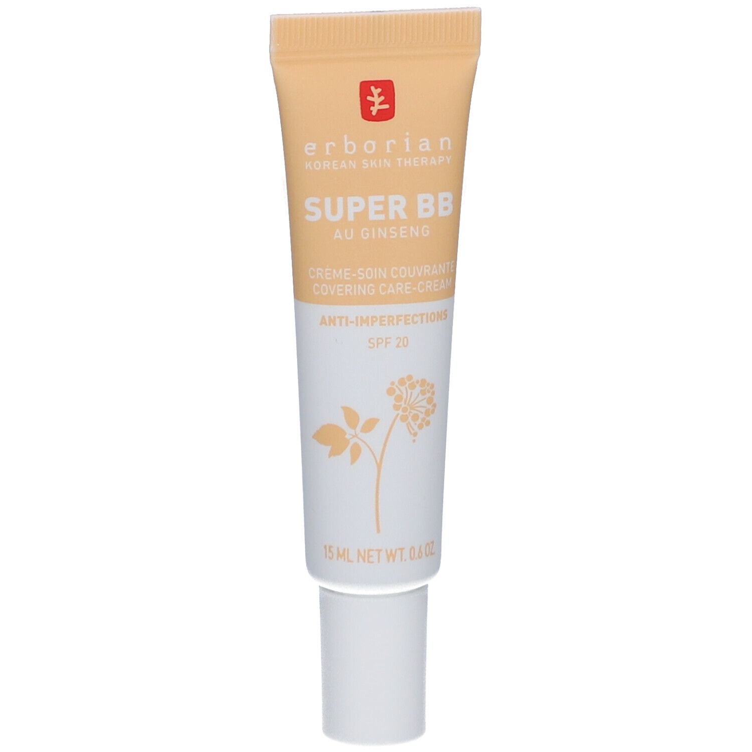 Creme-Tube mit Produktnamen SUPER BB, Marke Erborian. Beige Tube mit weißem Deckel. Text und Logo auf der Tube.
