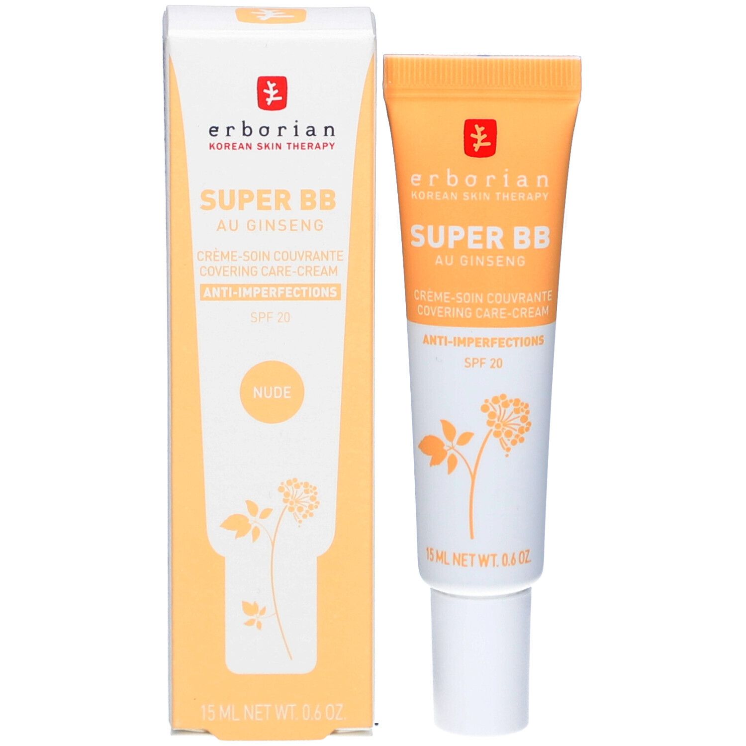 Produktverpackung und Tube SUPER BB. Karton und Tube nebeneinander. Marke Erborian, Produktname, Farbe Nude.