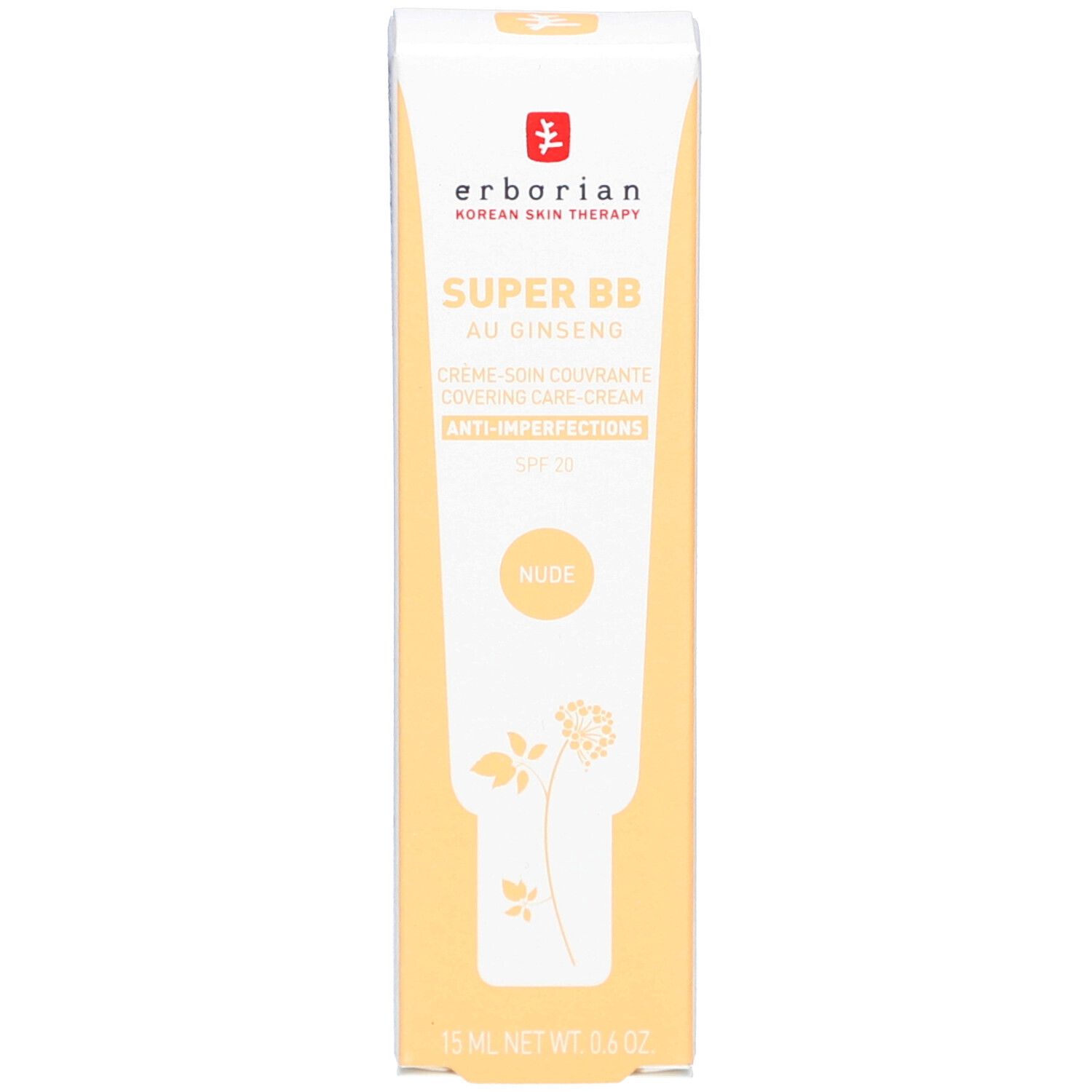 Produktverpackung SUPER BB. Rechteckiger Karton. Marke Erborian, Produktname, Farbe Nude. Text und Logo.