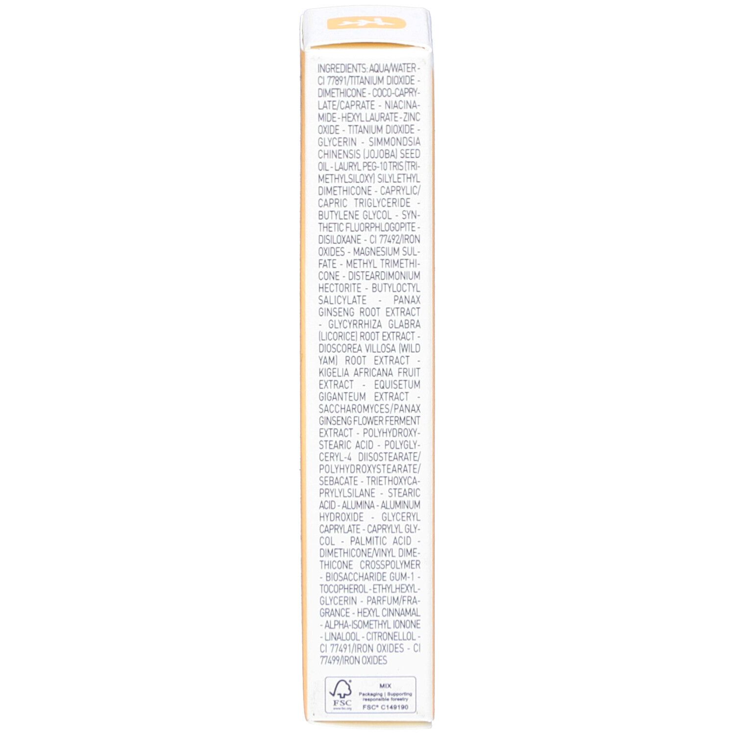 Seite der Produktverpackung SUPER BB. Auflistung der Inhaltsstoffe. Text in mehreren Sprachen.