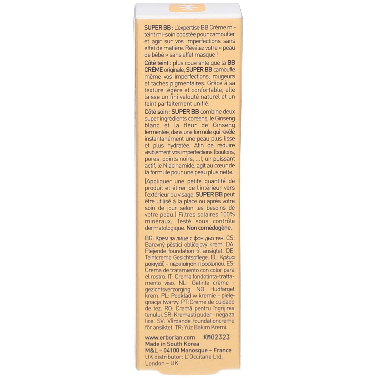 Rückseite der Produktverpackung SUPER BB. Text in mehreren Sprachen. Produktbeschreibung und Herstellerinformationen.