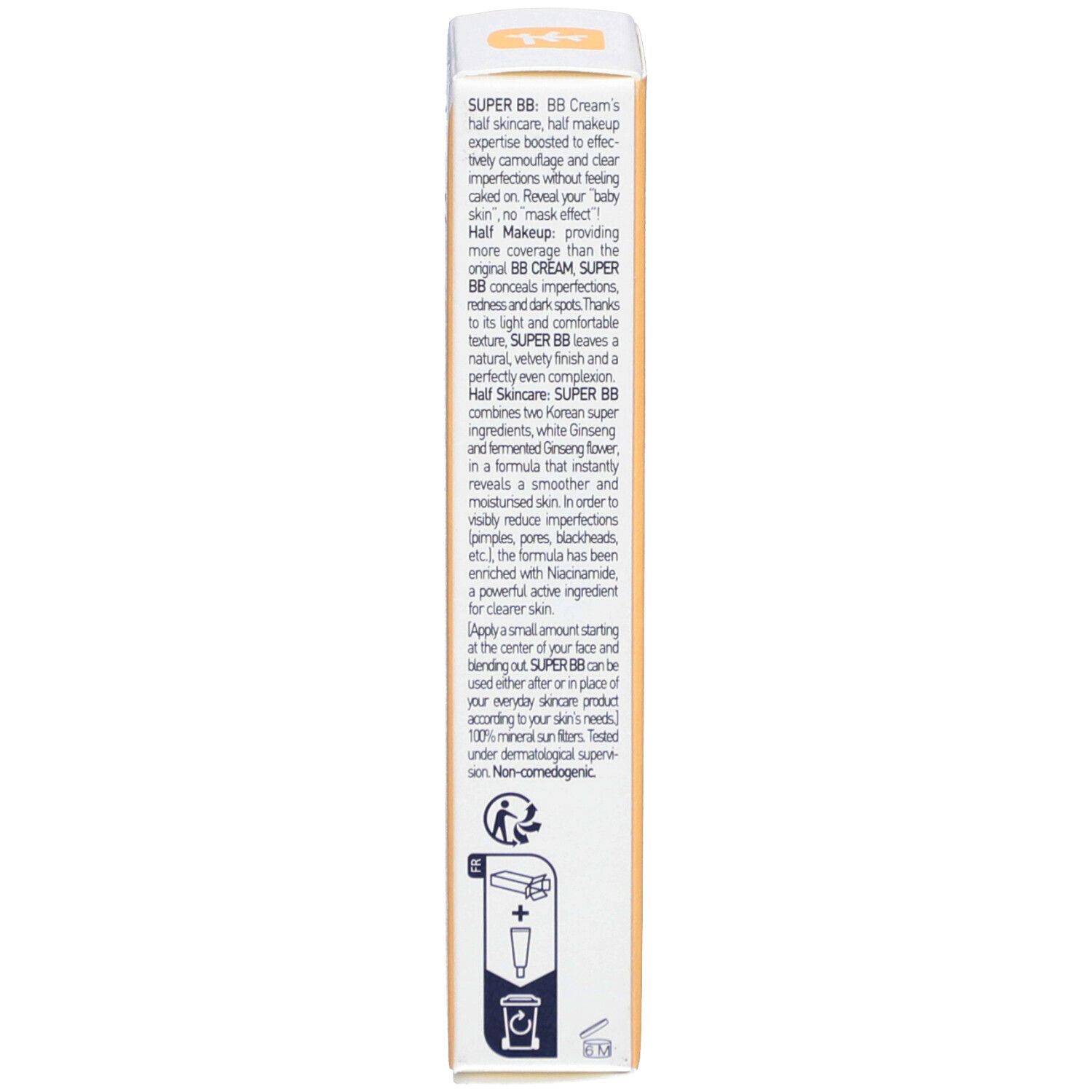 Seite der Produktverpackung SUPER BB. Produktbeschreibung in Englisch. Illustrationen und Herstellerinformationen.