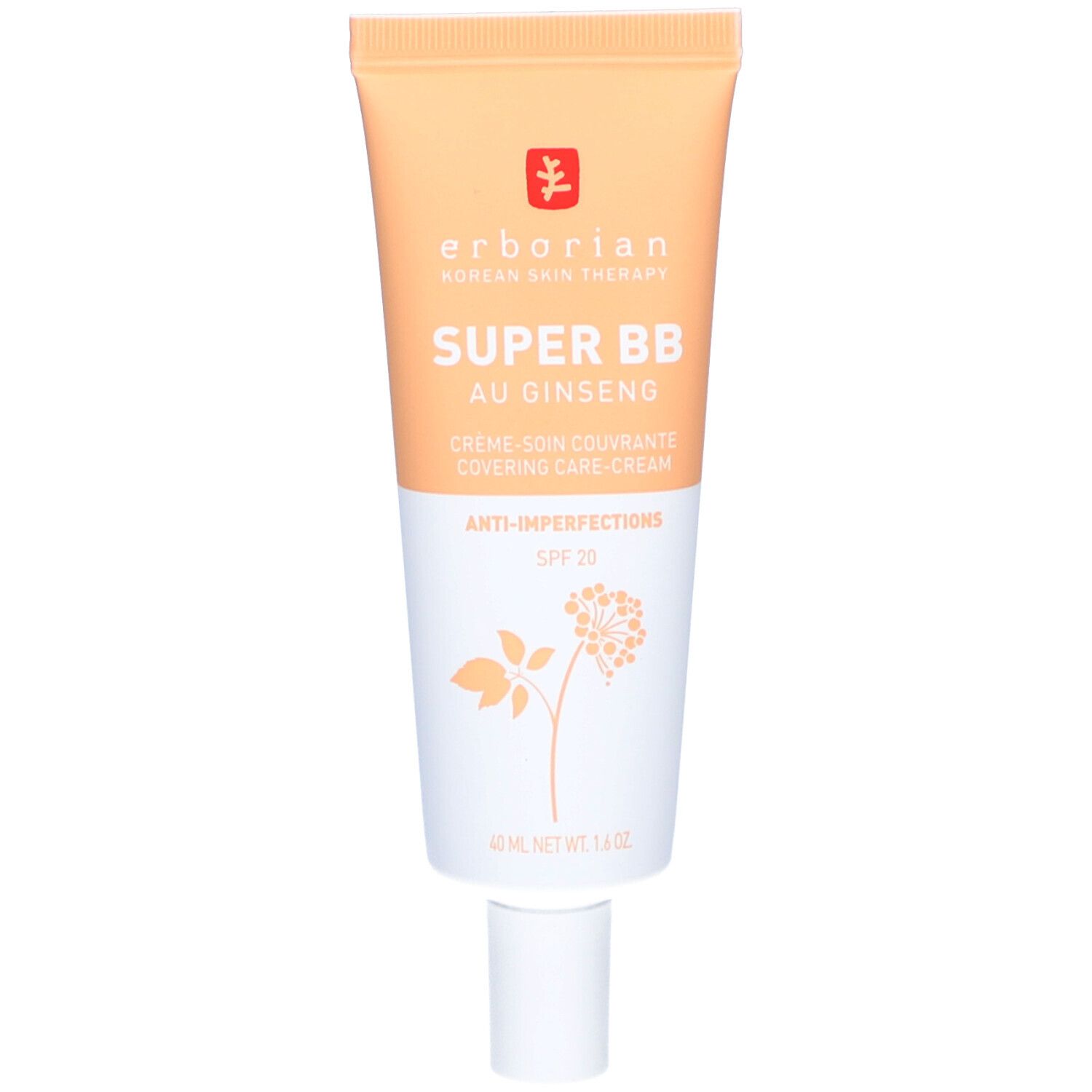 Creme-Tube SUPER BB au Ginseng von Erborian. Farbton: Dore. Mit SPF 20. Weißer Deckel. Orange-weiße Farbgebung.