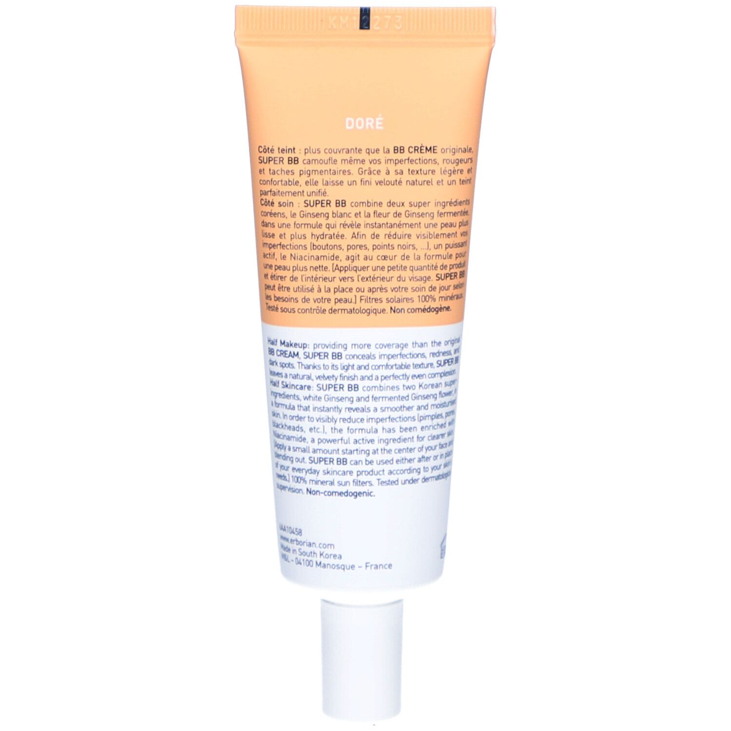 Rückseite der SUPER BB Creme-Tube. Text in Französisch und Englisch. Farbton: Doré. Weißer Deckel. Orange-weiße Farbgebung.