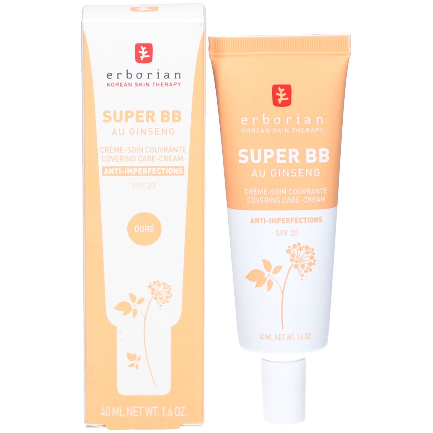 SUPER BB au Ginseng Creme und Verpackung von Erborian. Farbton: Doré. Mit SPF 20. Orange-weiße Farbgebung.