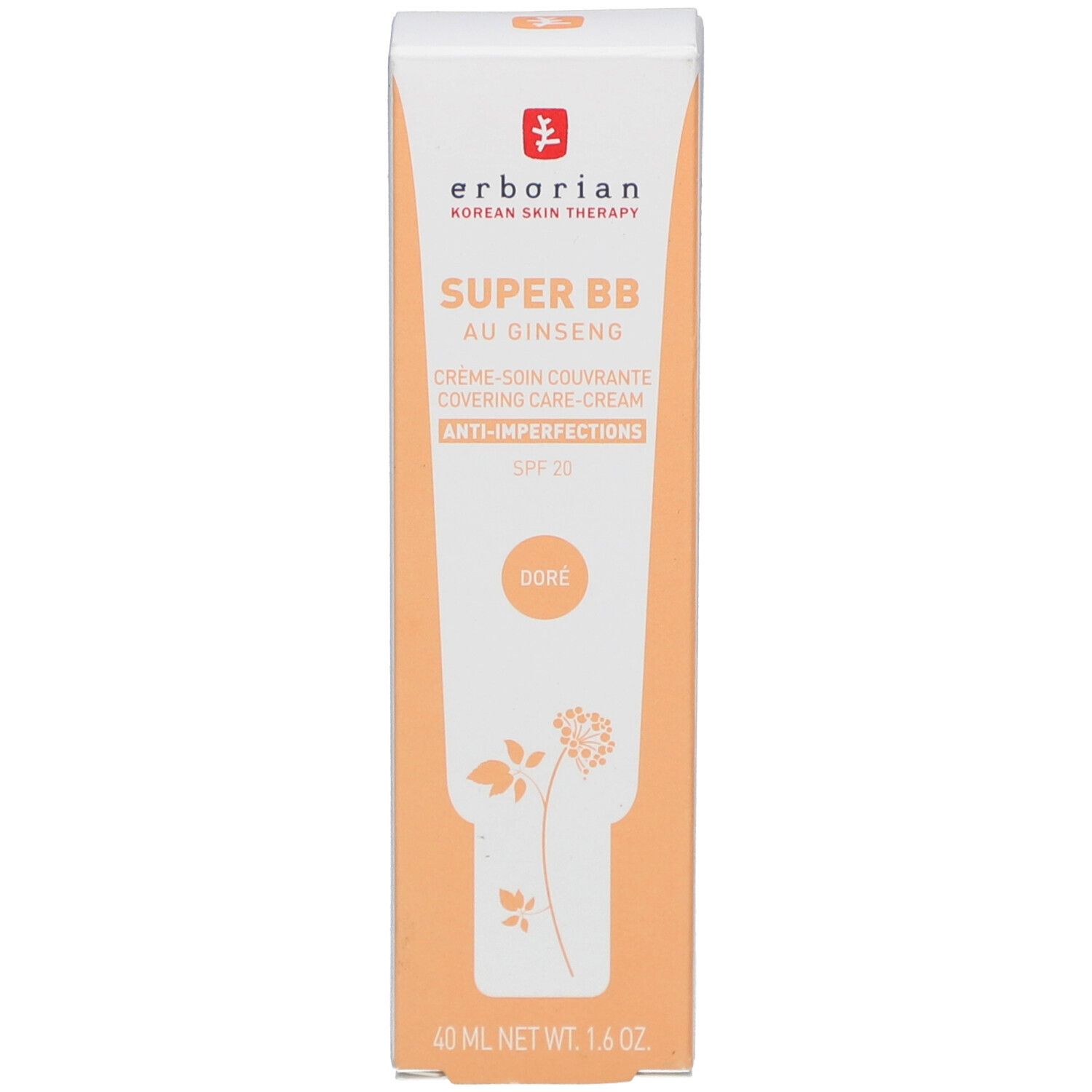 Verpackung der SUPER BB Creme au Ginseng von Erborian. Farbton: Doré. Mit SPF 20. Orange-weiße Farbgebung.