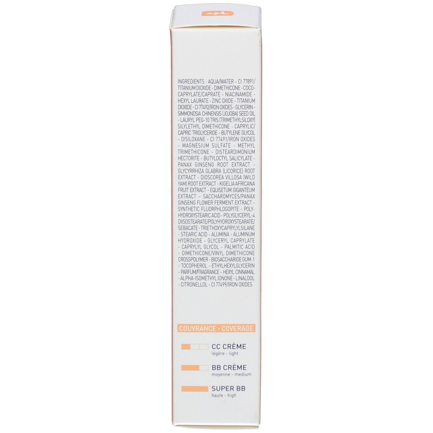 Rückseite der Verpackung der SUPER BB Creme. Inhaltsstoffe und Informationen. Farbton: Doré. Orange-weiße Farbgebung.