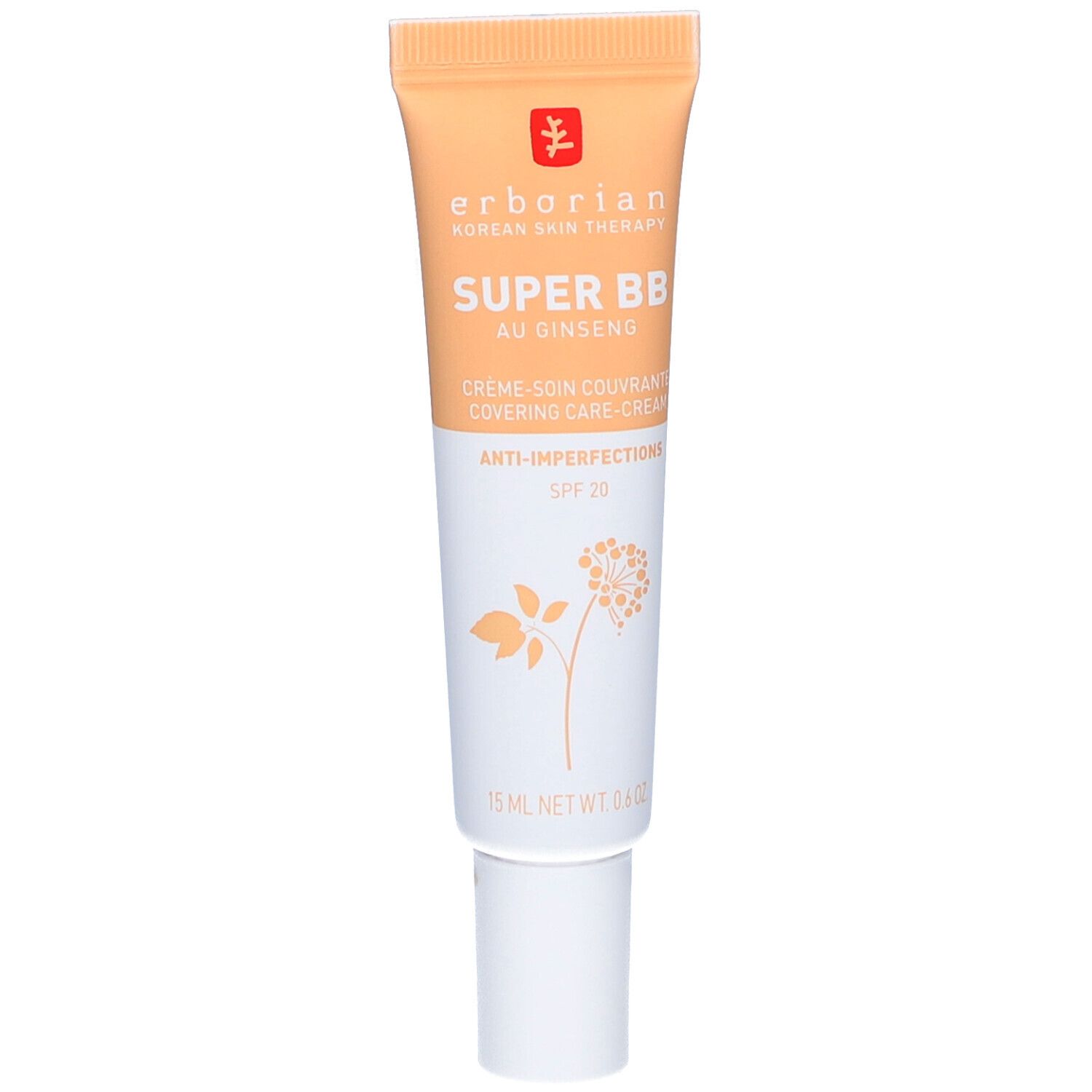 Tube mit BB-Creme. Marke: Erborian. Text: SUPER BB, AU GINSENG, Anti-Imperfections, SPF 20. Farbe: Beige. Mit weißem Deckel.