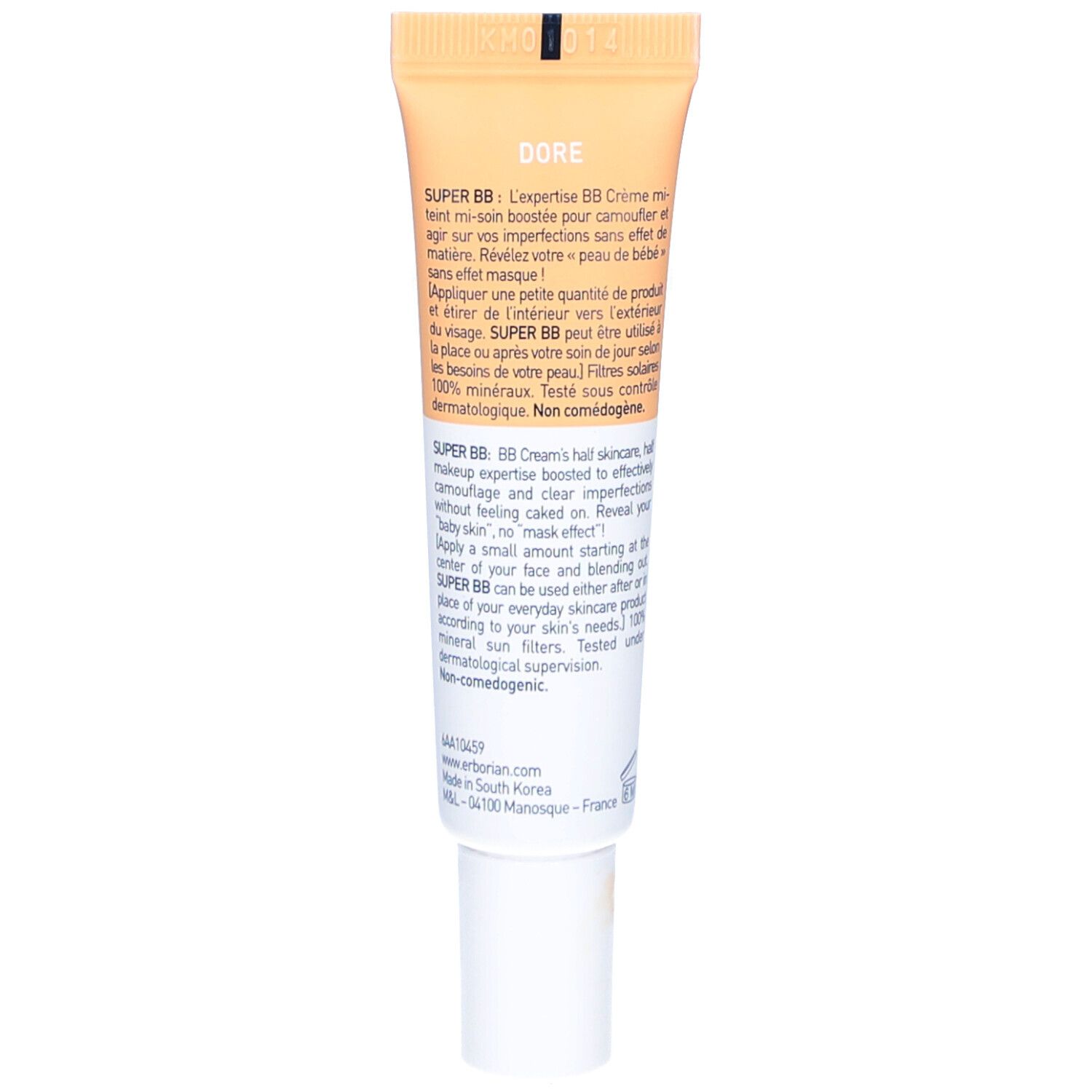 Rückseite der BB-Creme-Tube. Text: SUPER BB, Inhaltsstoffe, Anwendungshinweise. Marke: Erborian. Farbe: Beige. Mit weißem Deckel.