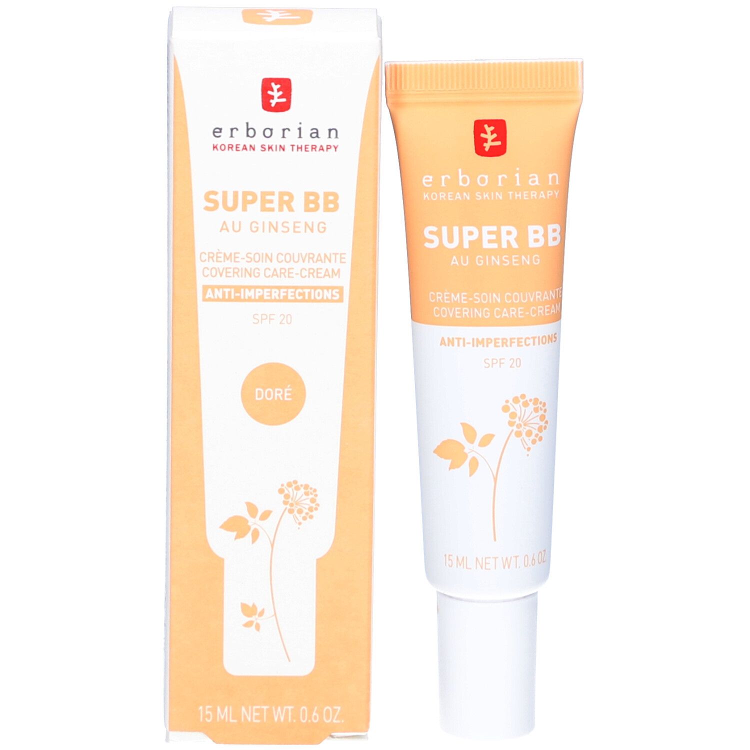 Produktverpackung und Tube. Verpackung: rechteckig, beige. Tube: beige, weißer Deckel. Text: SUPER BB, AU GINSENG, Anti-Imperfections, SPF 20.