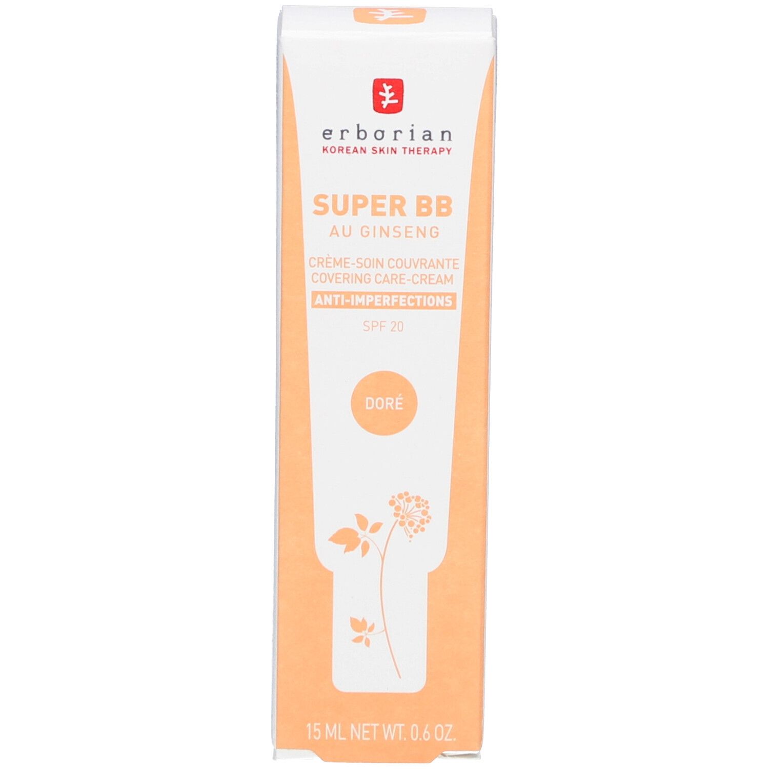Produktverpackung. Rechteckig, beige. Text: SUPER BB, AU GINSENG, Anti-Imperfections, SPF 20. Marke: Erborian. Mit Produktabbildung.