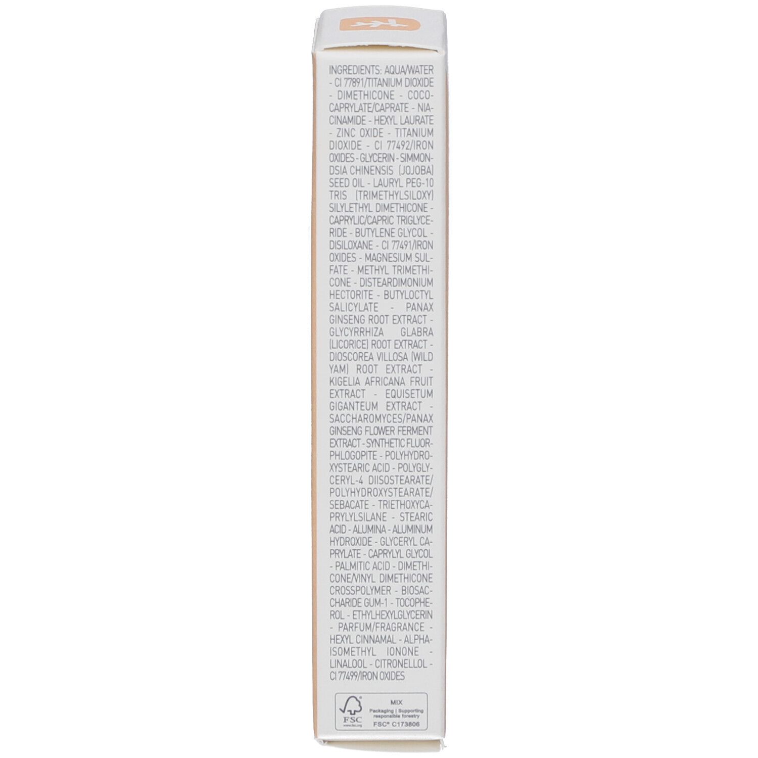 Rückseite der Produktverpackung. Text: Inhaltsstoffe. Marke: Erborian. Weißer Hintergrund mit schwarzem Text. Zertifizierungen.