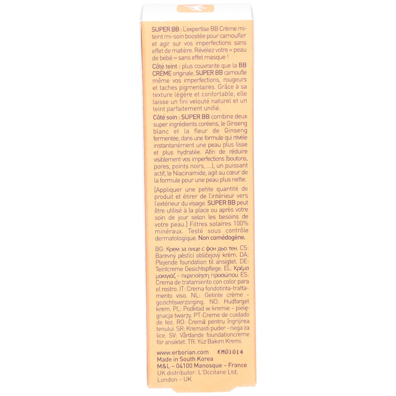 Seite der Produktverpackung. Text: SUPER BB, Anwendungshinweise, Inhaltsstoffe. Marke: Erborian. Beige Hintergrund mit schwarzem Text.