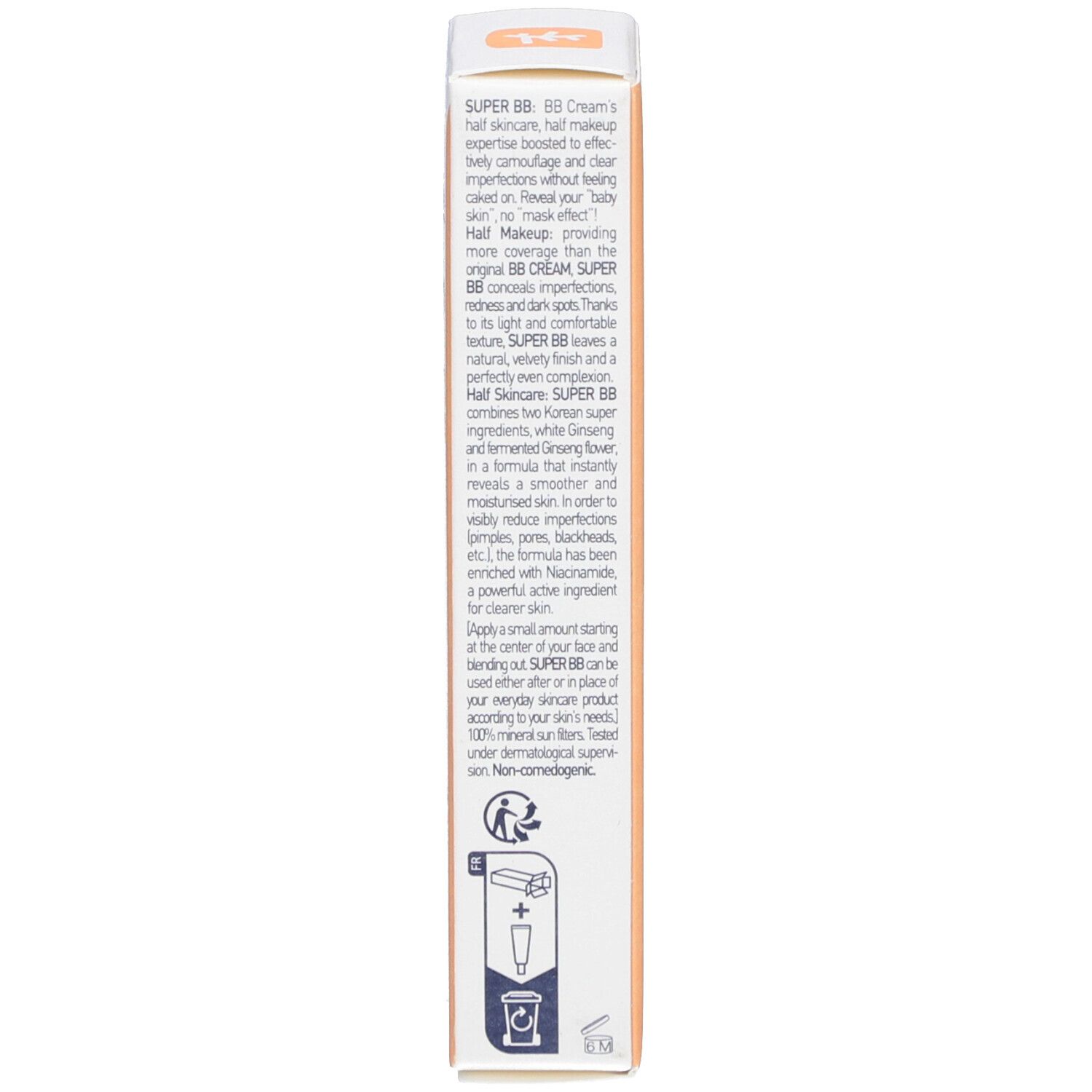Seite der Produktverpackung. Text: SUPER BB, Anwendungshinweise, Vorteile. Marke: Erborian. Beige Hintergrund mit schwarzem Text.