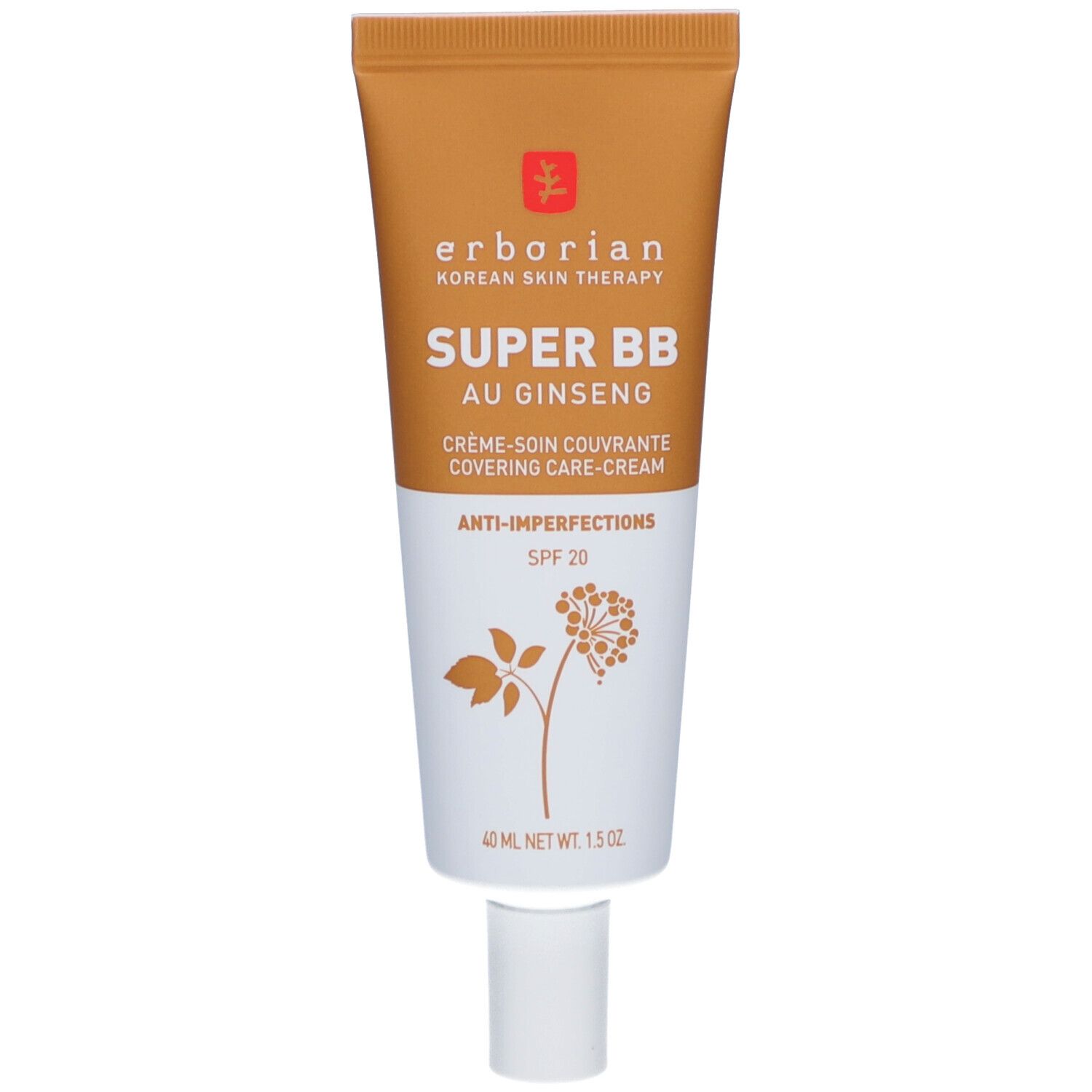 Tube mit BB Creme. Marke: Erborian. Aufschrift: SUPER BB AU GINSENG, Anti-Unreinheiten, SPF 20. Farbe: Caramel.