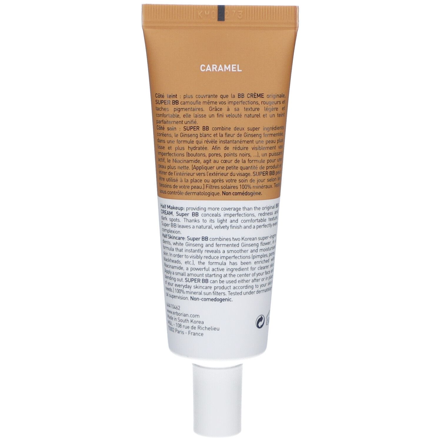 Rückseite der BB Creme Tube. Text in mehreren Sprachen. Farbe: Caramel. Marke: Erborian. Produktname: SUPER BB.
