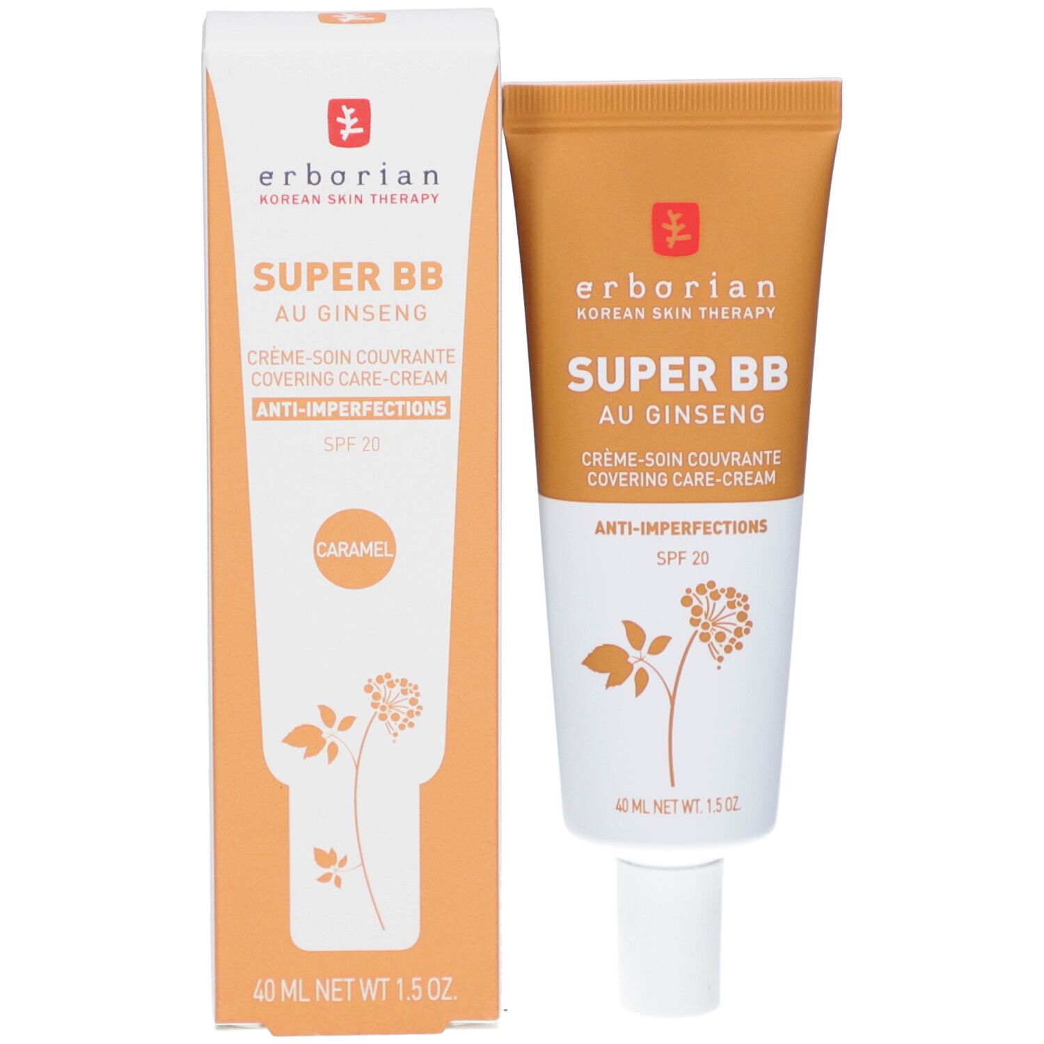 BB Creme Tube und Verpackung. Marke: Erborian. Aufschrift: SUPER BB AU GINSENG, Anti-Unreinheiten, SPF 20. Farbe: Caramel.