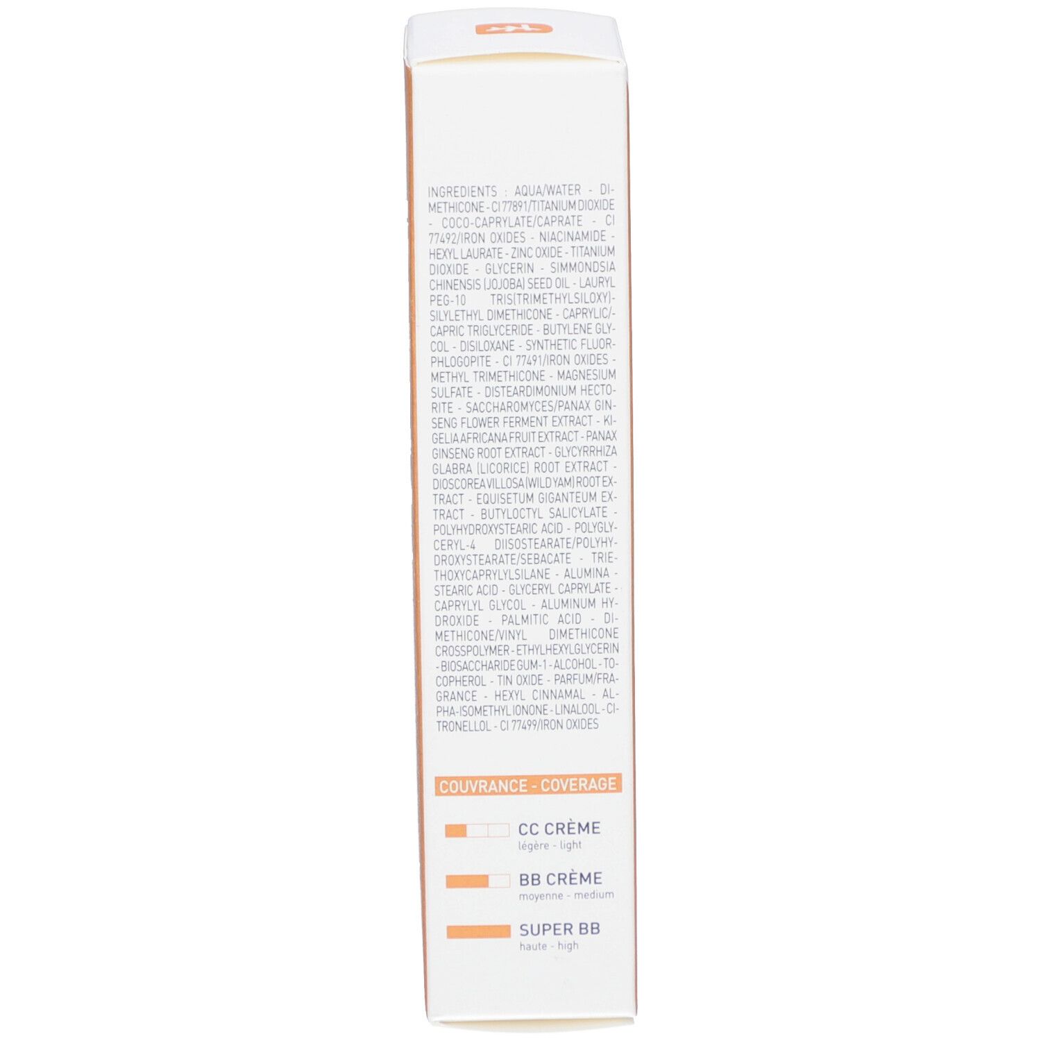 Verpackung der BB Creme. Inhaltsstoffe und Farbauswahl. Marke: Erborian. Produktname: SUPER BB. Farbe: Caramel.